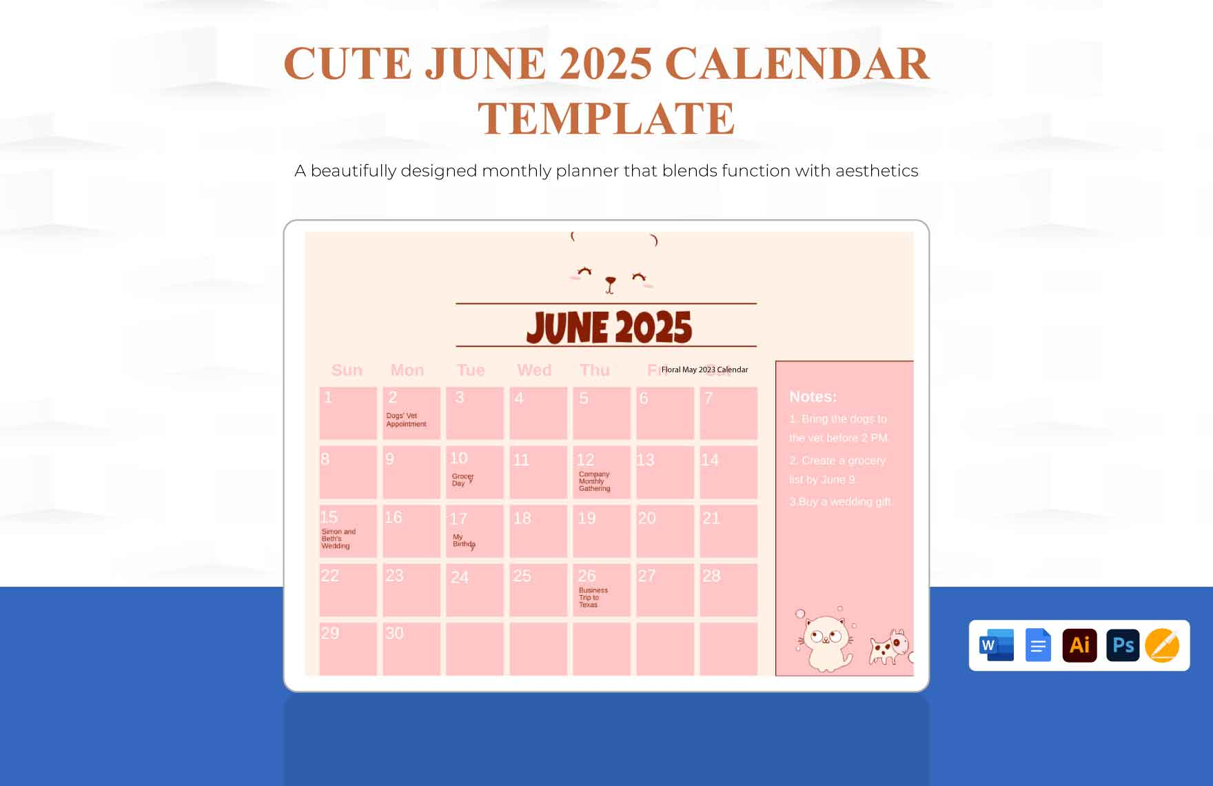 Cute June 2025 Calendar Template In Google Docs, Psd, Illustrator | Google Calendar June 2025