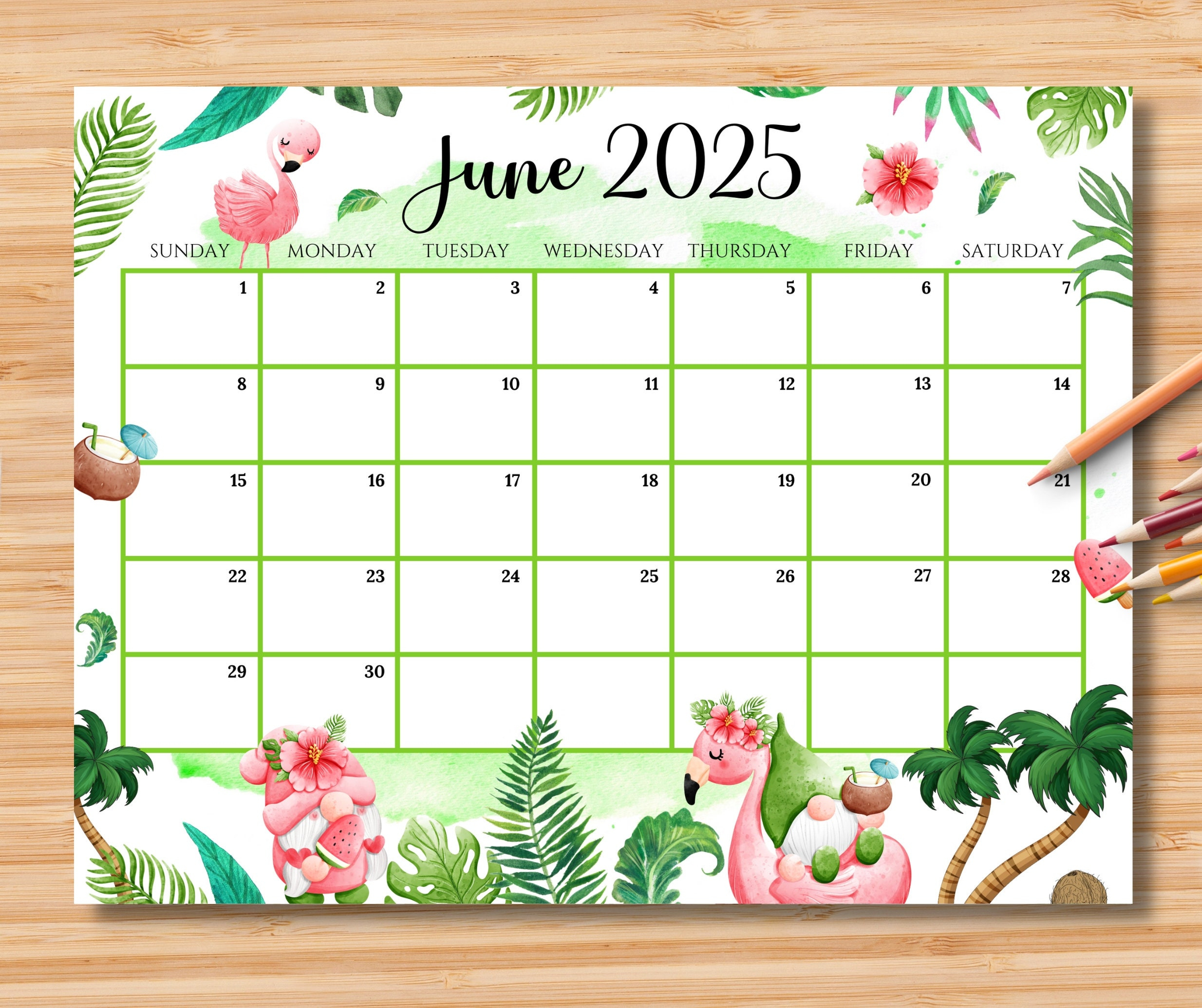 Editable June 2025 Calendar, Joyful Summer With Cute Gnomes | June 2025 Calendar Colorful
