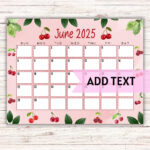 Editable Printable June Calendar 2025 | Cute Watercolor Cherry Themed June  Calendar W/ Watercolor Leaves | Fillable Calendar   Etsy | June Dry Erase Calendar Ideas 2025