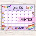 Editierbar Druckbarer Juni Kalender 2025 | Sommer Lgbt Kalender | June Lgbt Pride Month Calendar 2025