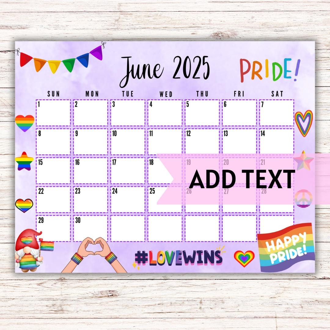 Editierbar Druckbarer Juni Kalender 2025 | Sommer Lgbt Kalender | June Lgbt Pride Month Calendar 2025