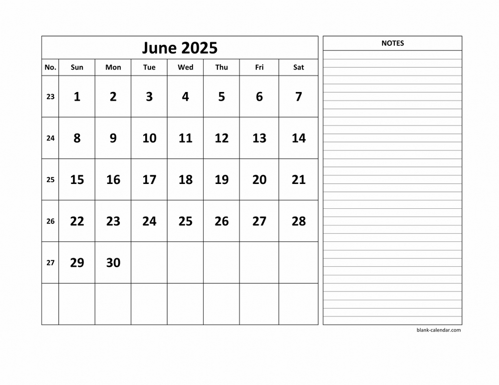 Free Download Printable June 2025 Calendar, Large Space For | June 2025 Calendar with Notes