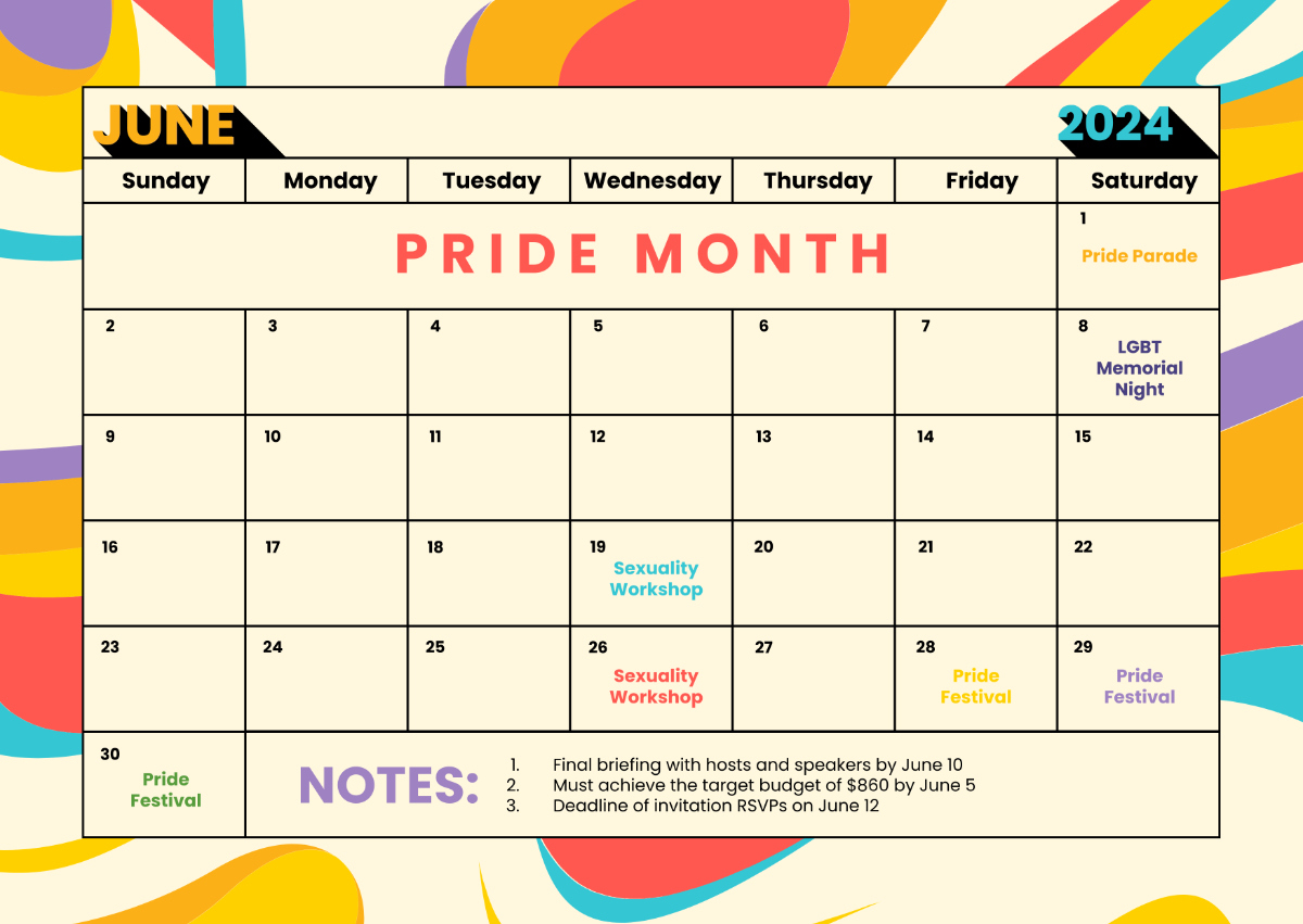 Free Pride Month Calendar Template To Edit Online | June 2025 Pride Month Calendar