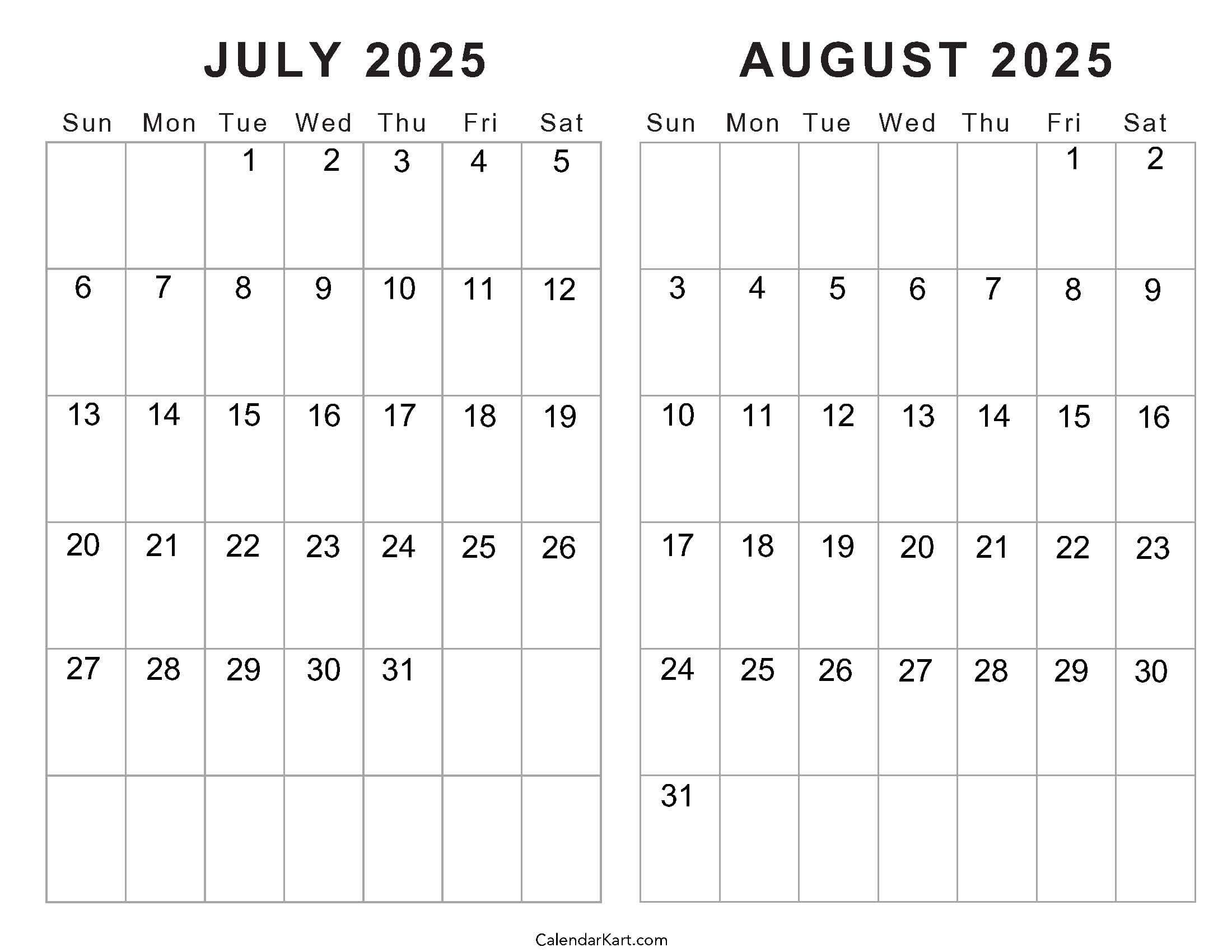 Free Printable July August 2025 Calendar | Calendarkart | June July August 2025 Calendar Editable