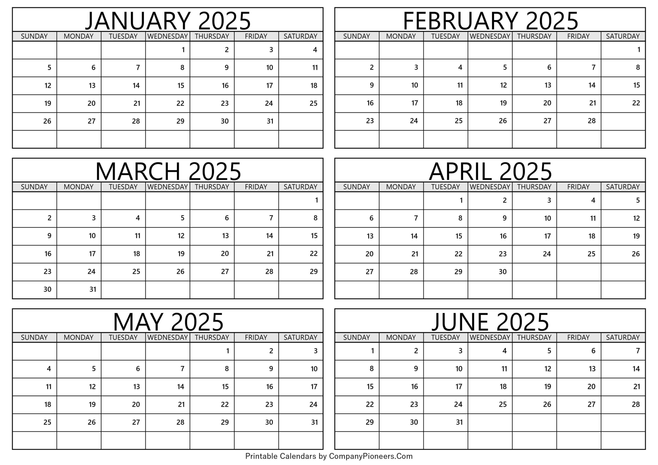 January To June 2025 Calendar Printable - Template | Calendar 2025