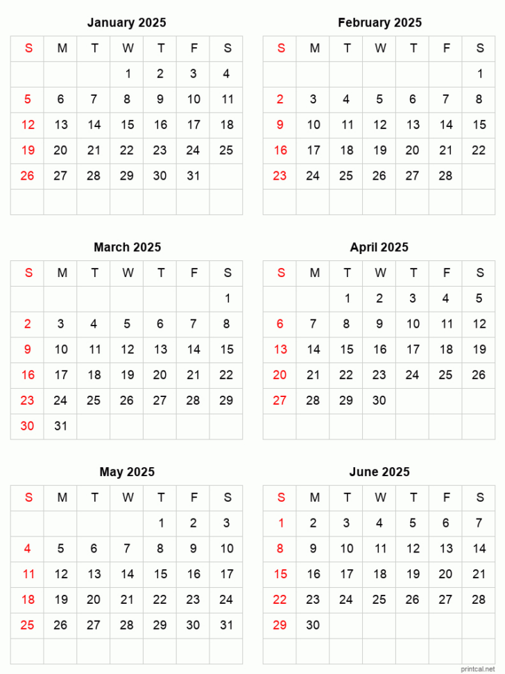 January to June 2025 Calendar | Calendar 2025