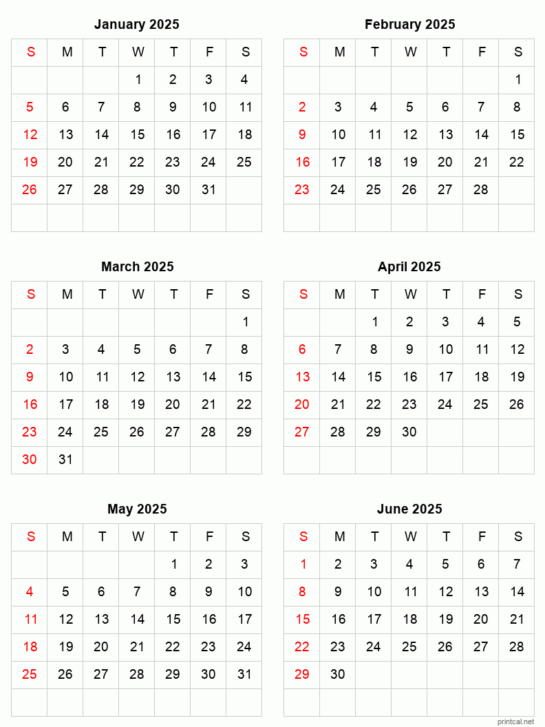 January To June 2025 Printable Calendar | Six Months Per Page | January To June 2025 Calendar