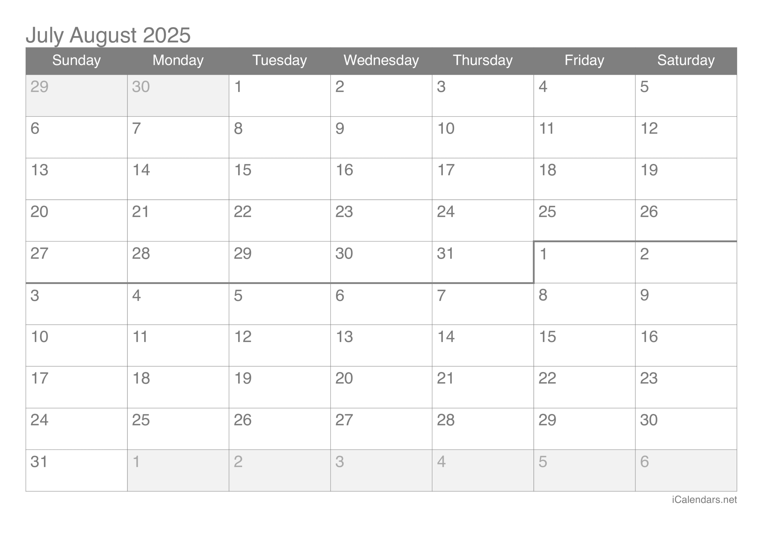 July And August 2025 Printable Calendar | Blank June July August 2025 Calendar