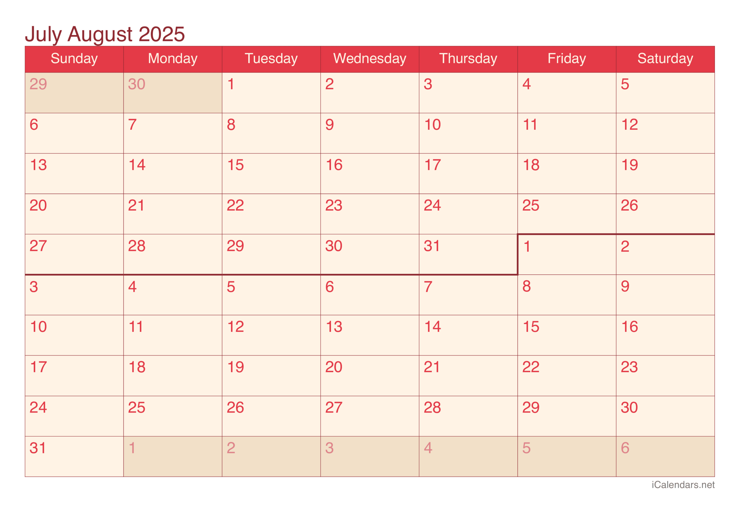 July And August 2025 Printable Calendar | June July And August Calendar 2025