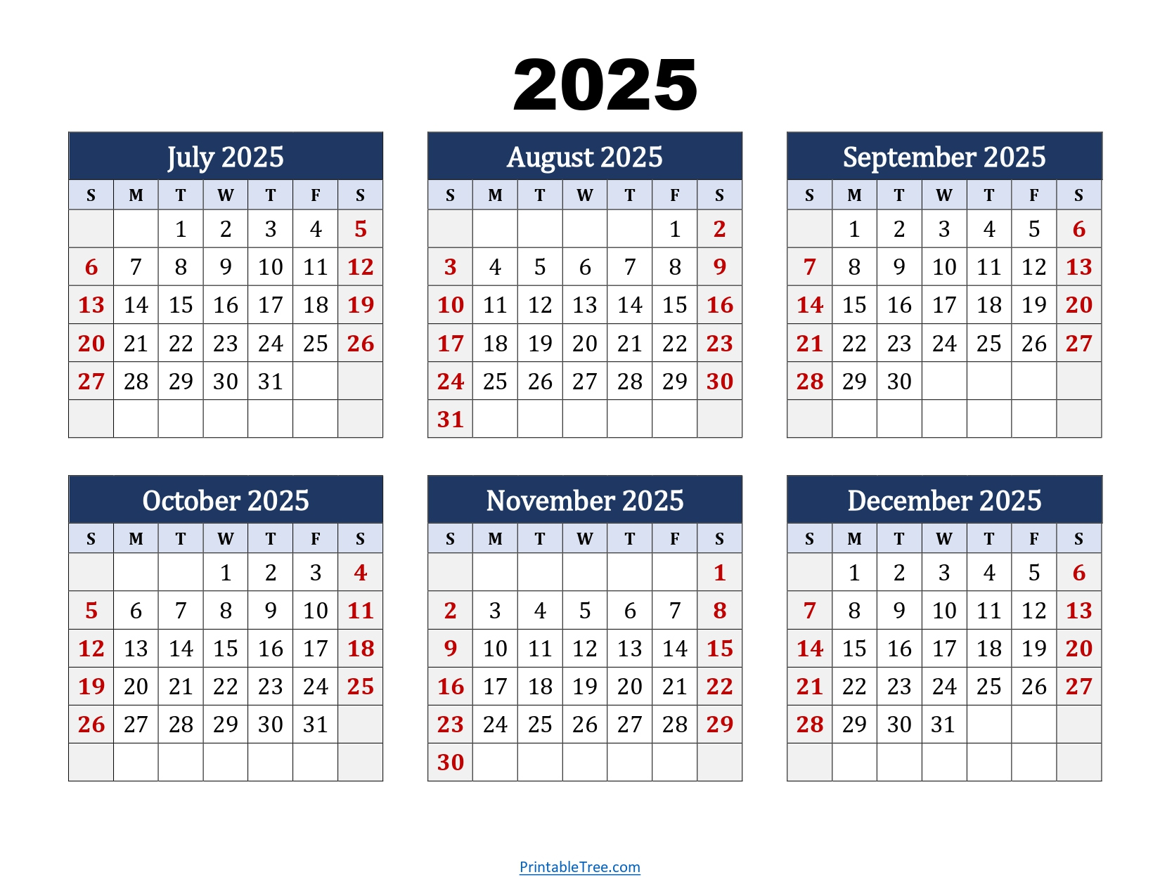 July To December 2025 Calendar Printable Pdf | Six Months Calendar | Calendar 2025