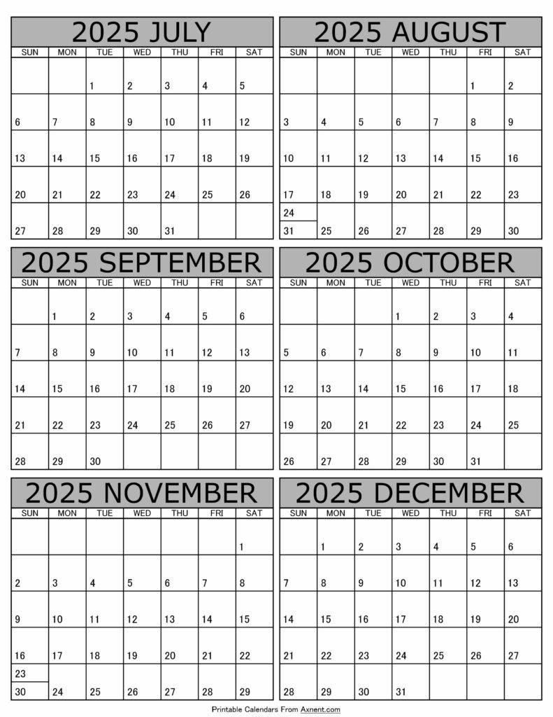 July To December 2025 Calendar Templates - Six Months | June 2025 To December 2025 Calendar
