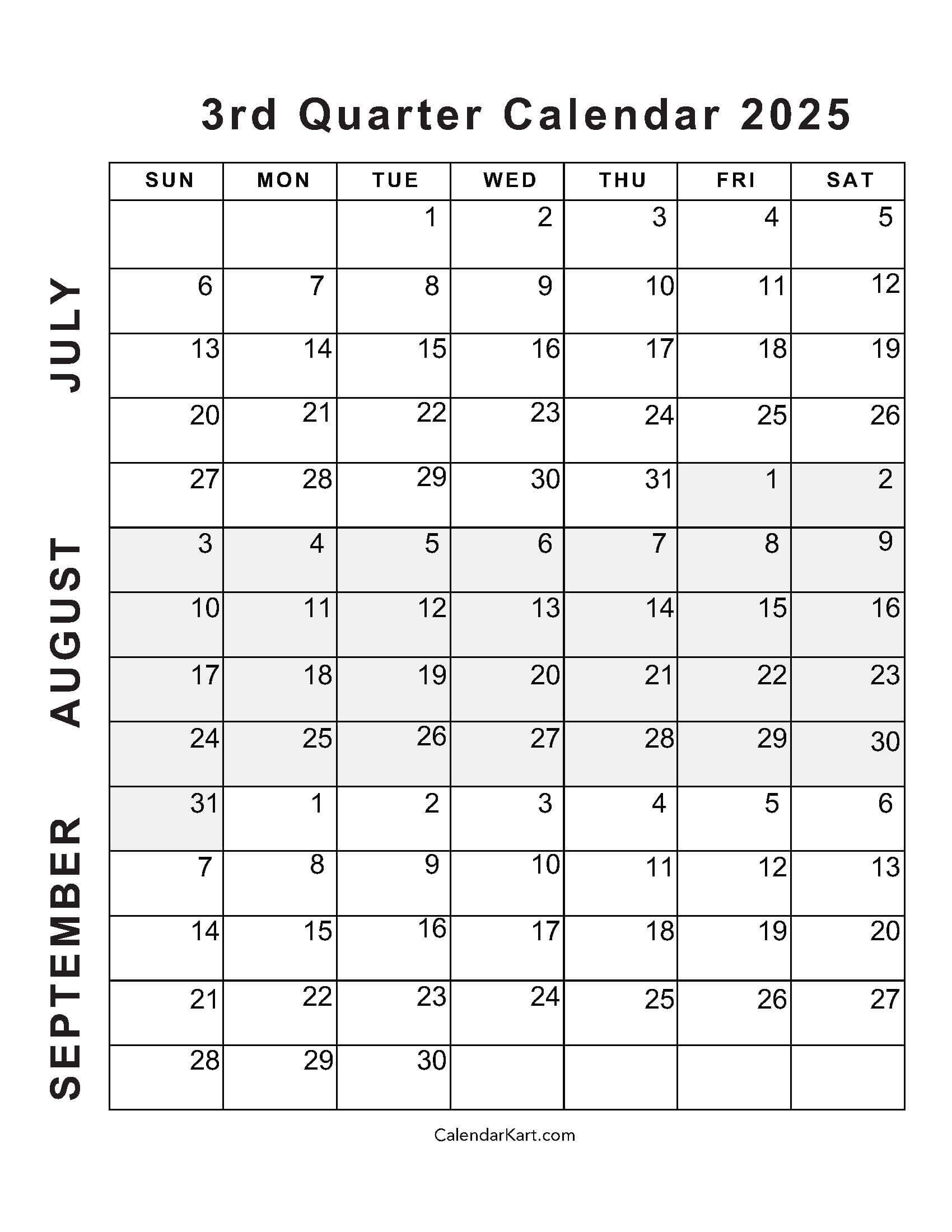 July To September 2025 Calendar (Q3) - Calendarkart | June July August September 2025 Calendar