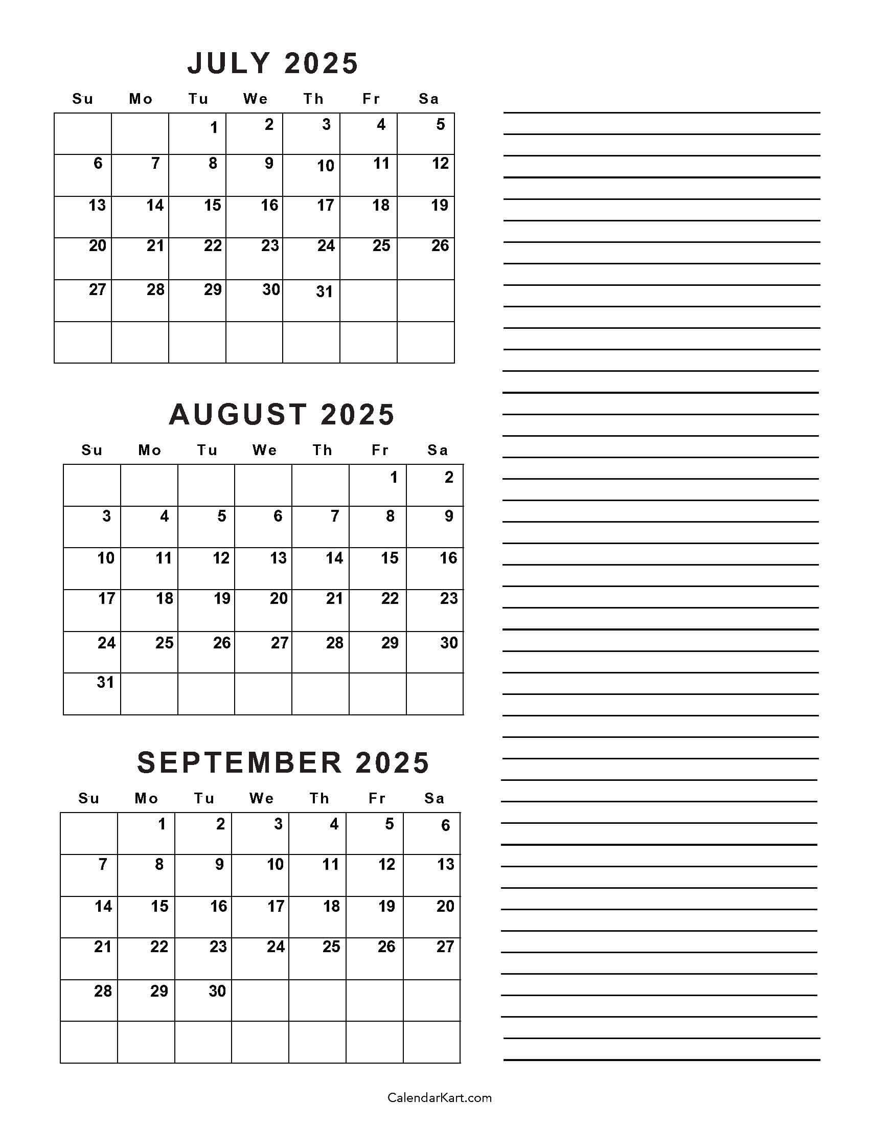 July To September 2025 Calendar (Q3) - Calendarkart | June July August September 2025 Calendar