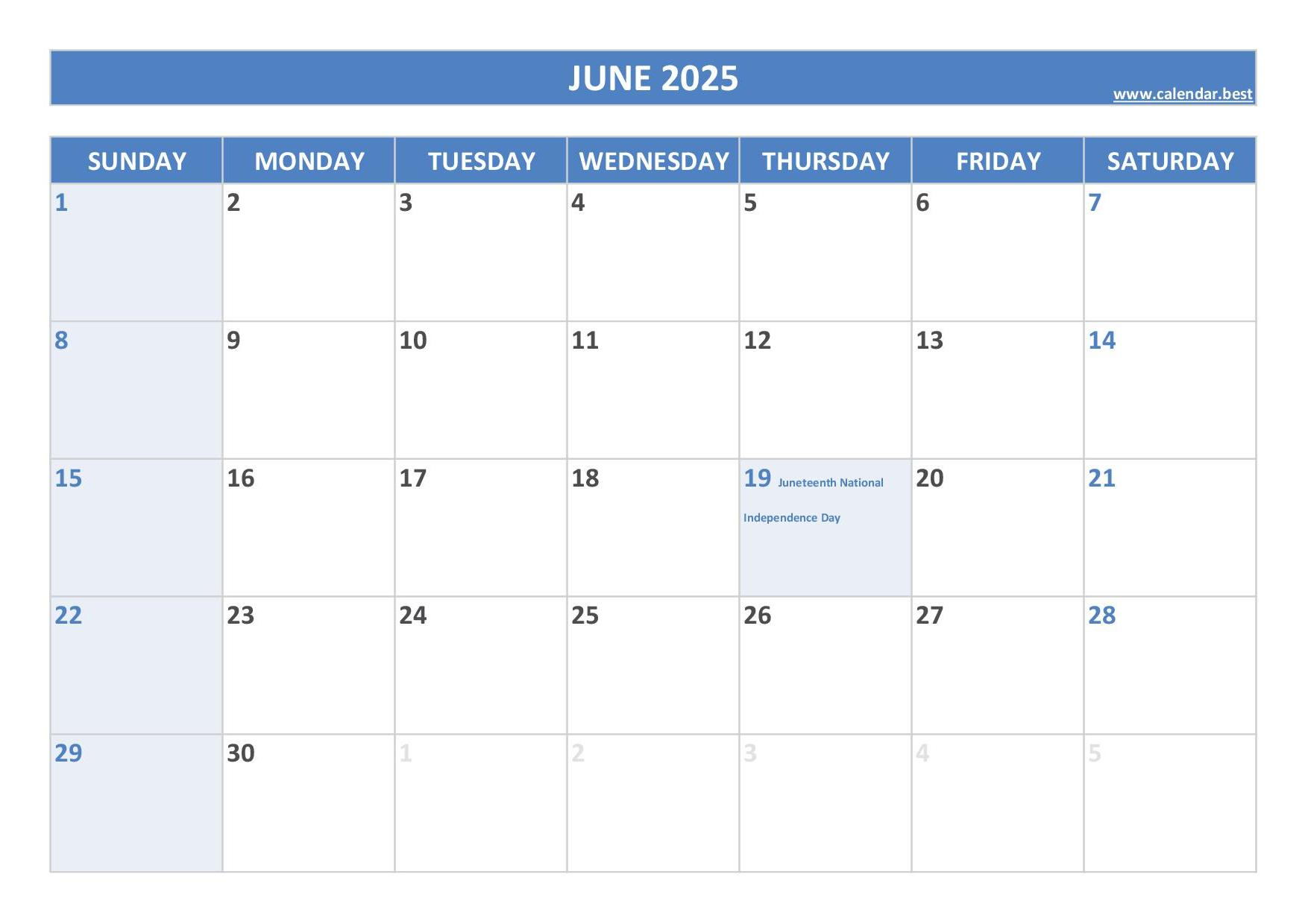June 2025 Calendar -Calendar.best | National Day Calendar For June 2025