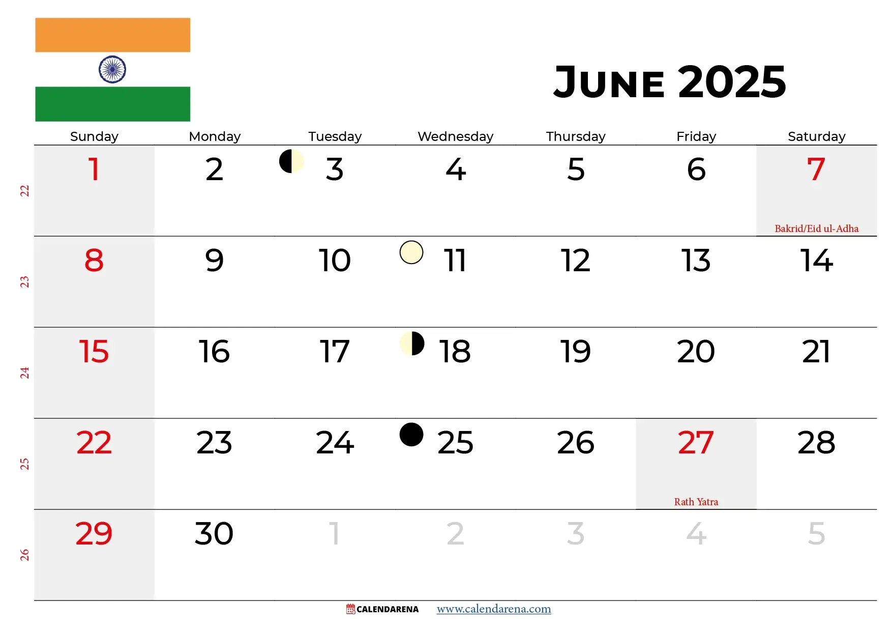 June 2025 Calendar India | June Holiday Calendar 2025