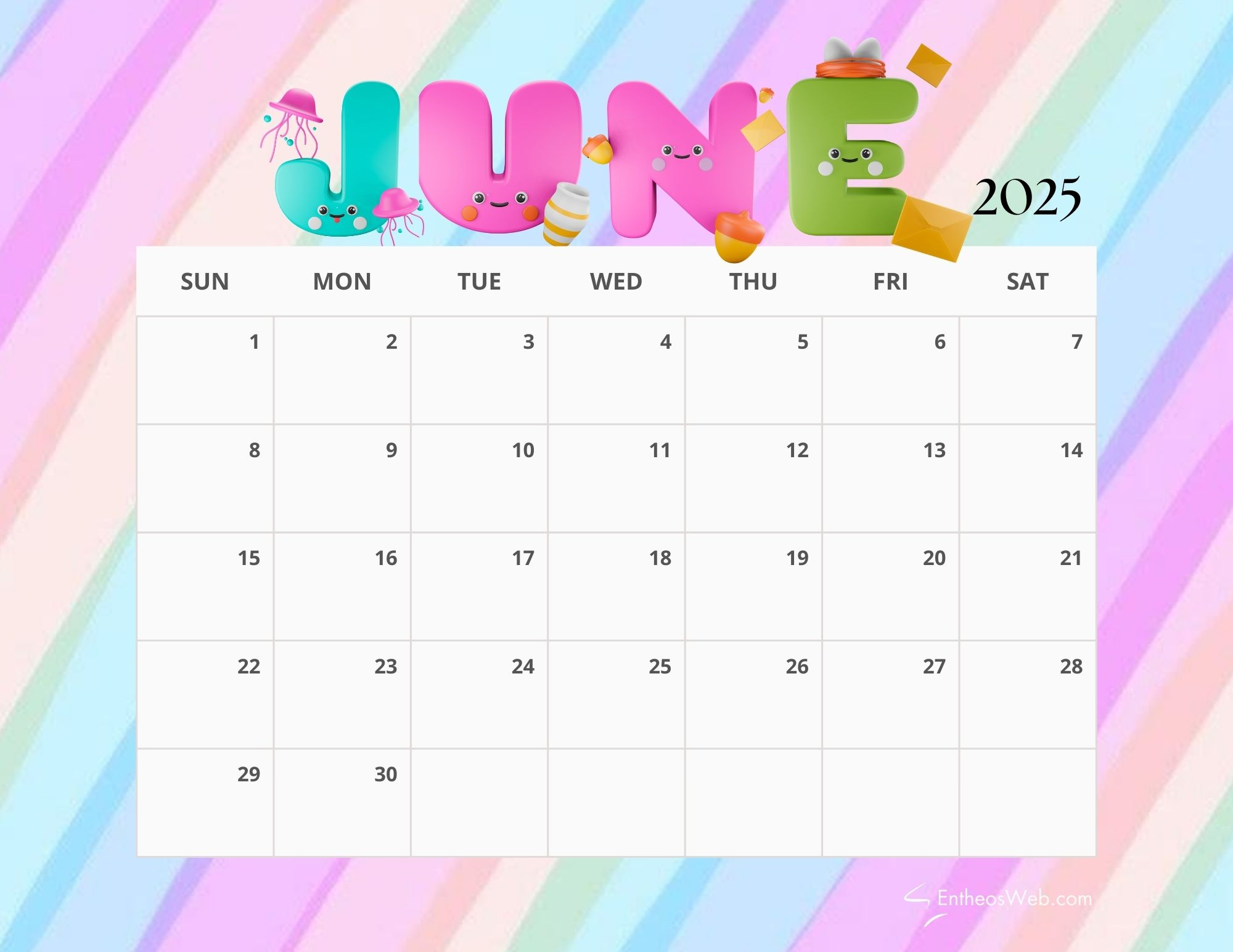 June 2025 Calendar Printables | Entheosweb | Colorful June 2025 Calendar Printable