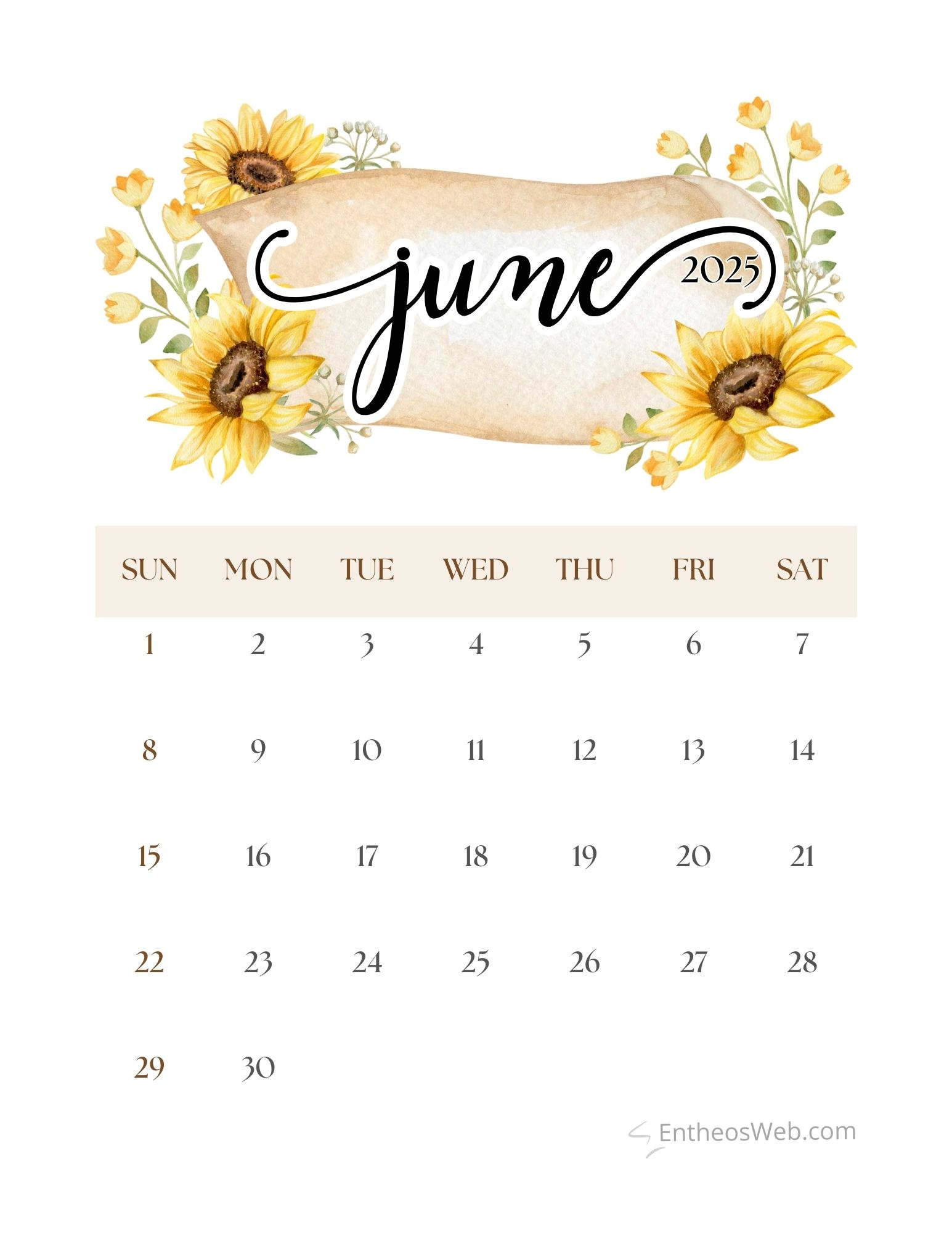June 2025 Calendar Printables | Entheosweb | Sunflower June 2025 Calendar