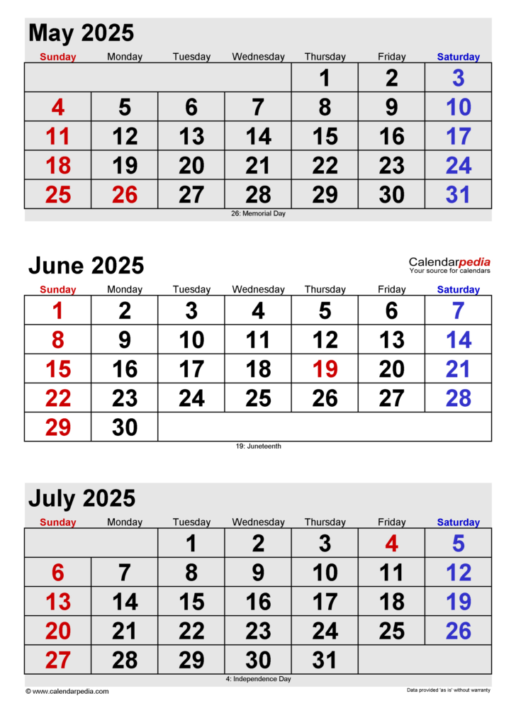 May June July 2025 Calender | Calendar 2025