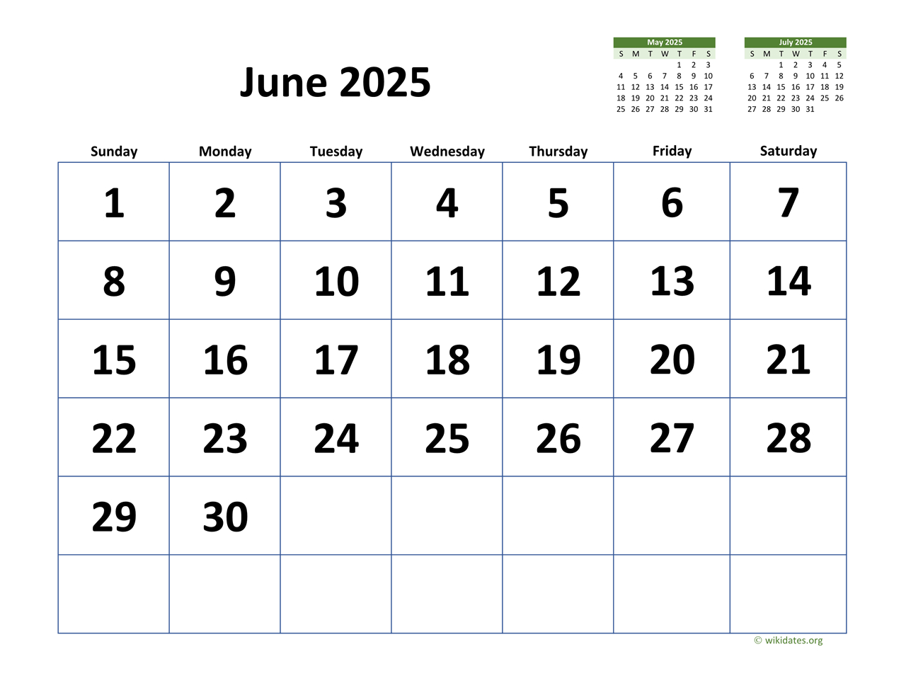 June 2025 Calendar With Extra-Large Dates | Wikidates | June 2025 Calendar Wiki