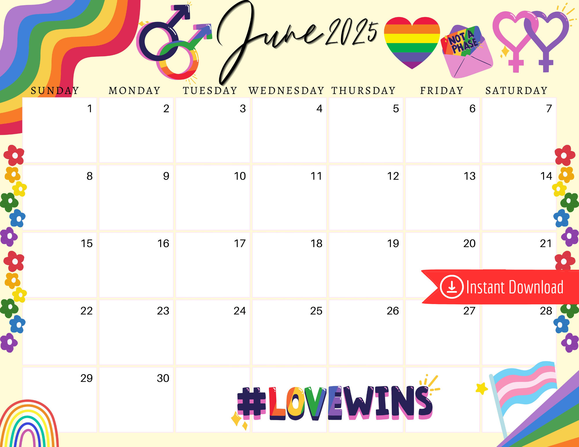 June 2025 Digital Calendar - Queer Pride Planner Editable Fillable | June Lgbt Pride Month Calendar 2025