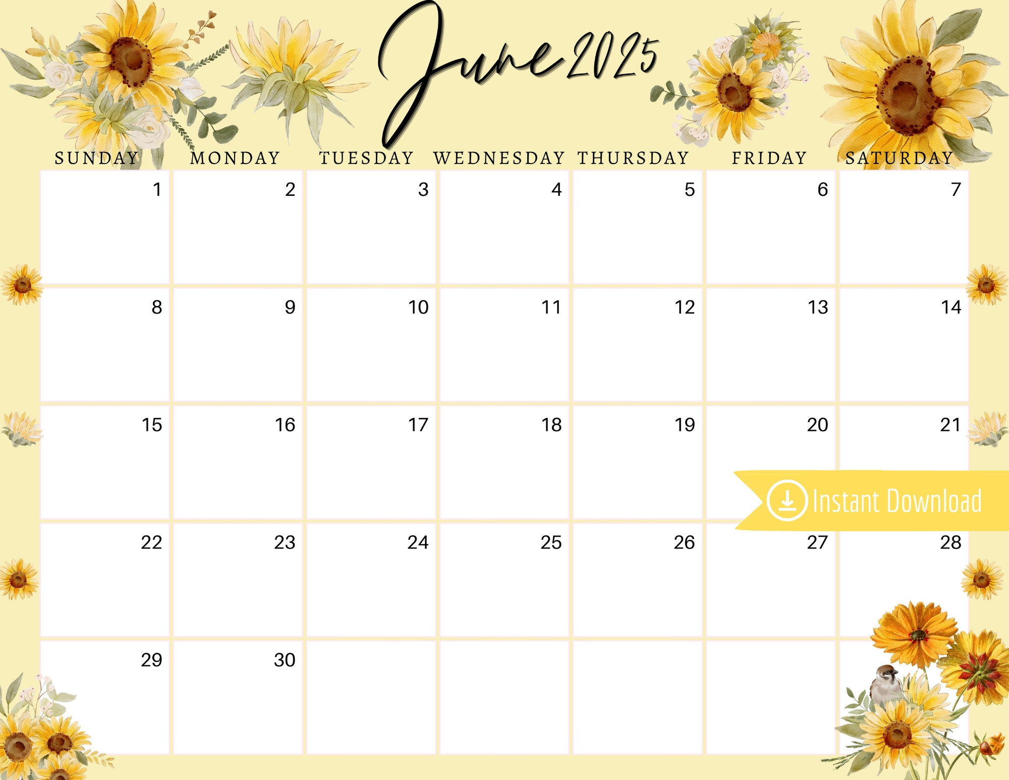 June 2025 Digital Calendar - Yellow Sunflowers Planner Editable | Sunflower June 2025 Calendar