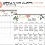 June 2025 Editable Monthly Activities Calendar For Senior Living | June Activity Calendar For Seniors 2025