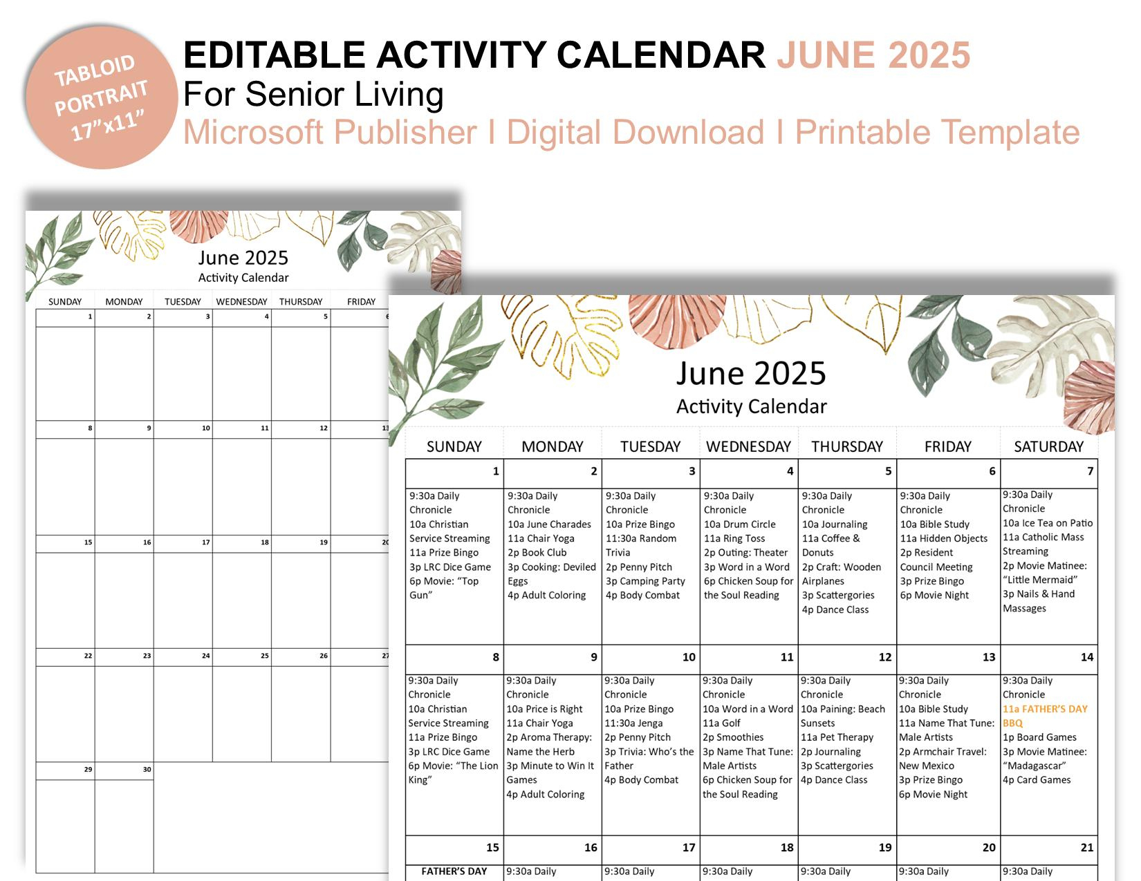 June 2025 Editable Monthly Activities Calendar For Senior Living | June Activity Calendar For Seniors 2025