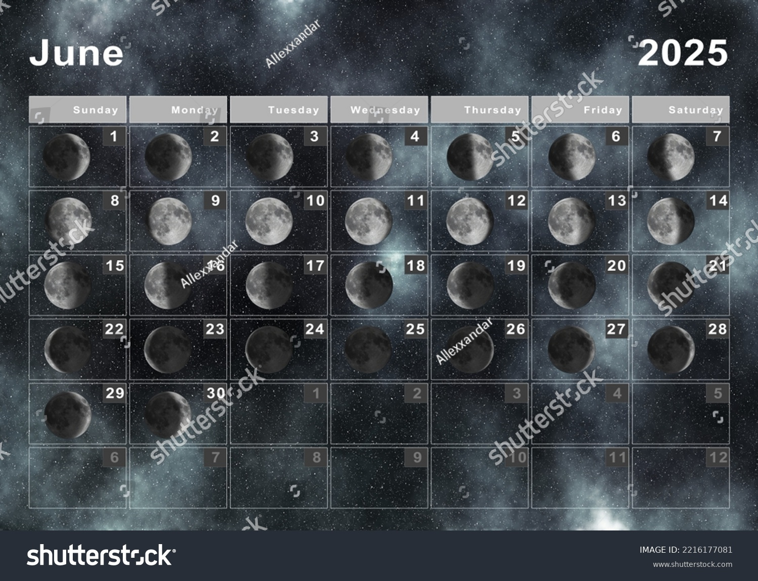 June 2025 Lunar Calendar Moon Cycles Stock Illustration 2216177081 | Moon Phase Calendar June 2025