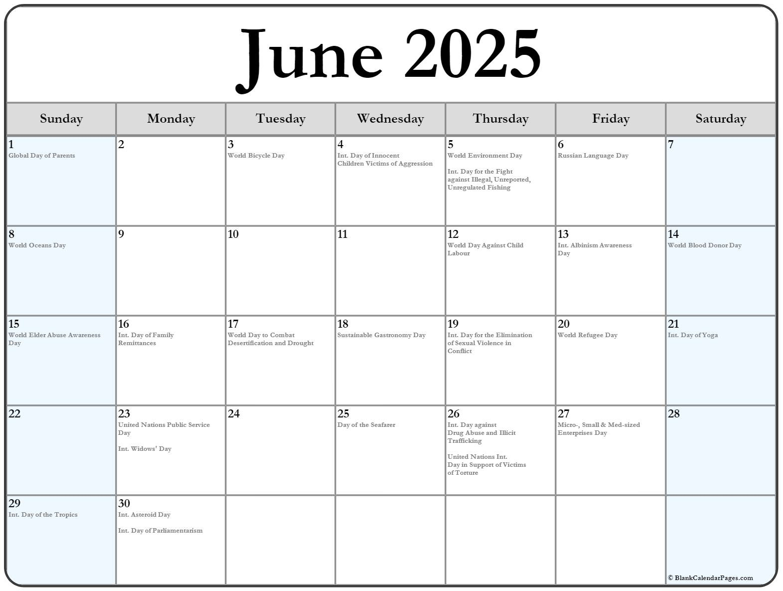June 2025 With Holidays Calendar | Calendar Of Events For June 2025