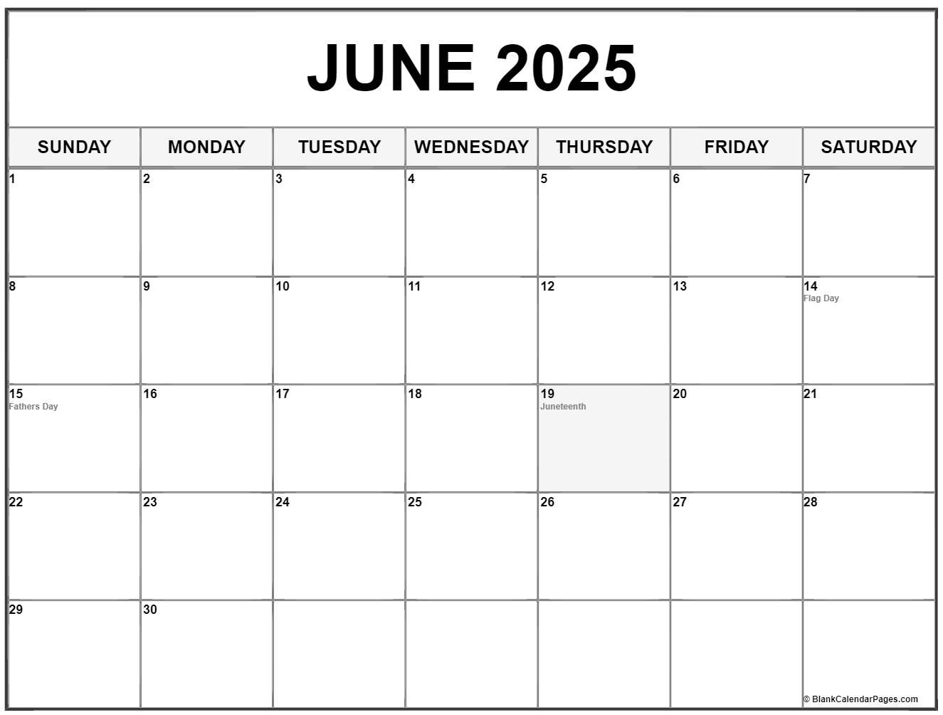 June 2025 With Holidays Calendar | June Holiday Calendar 2025