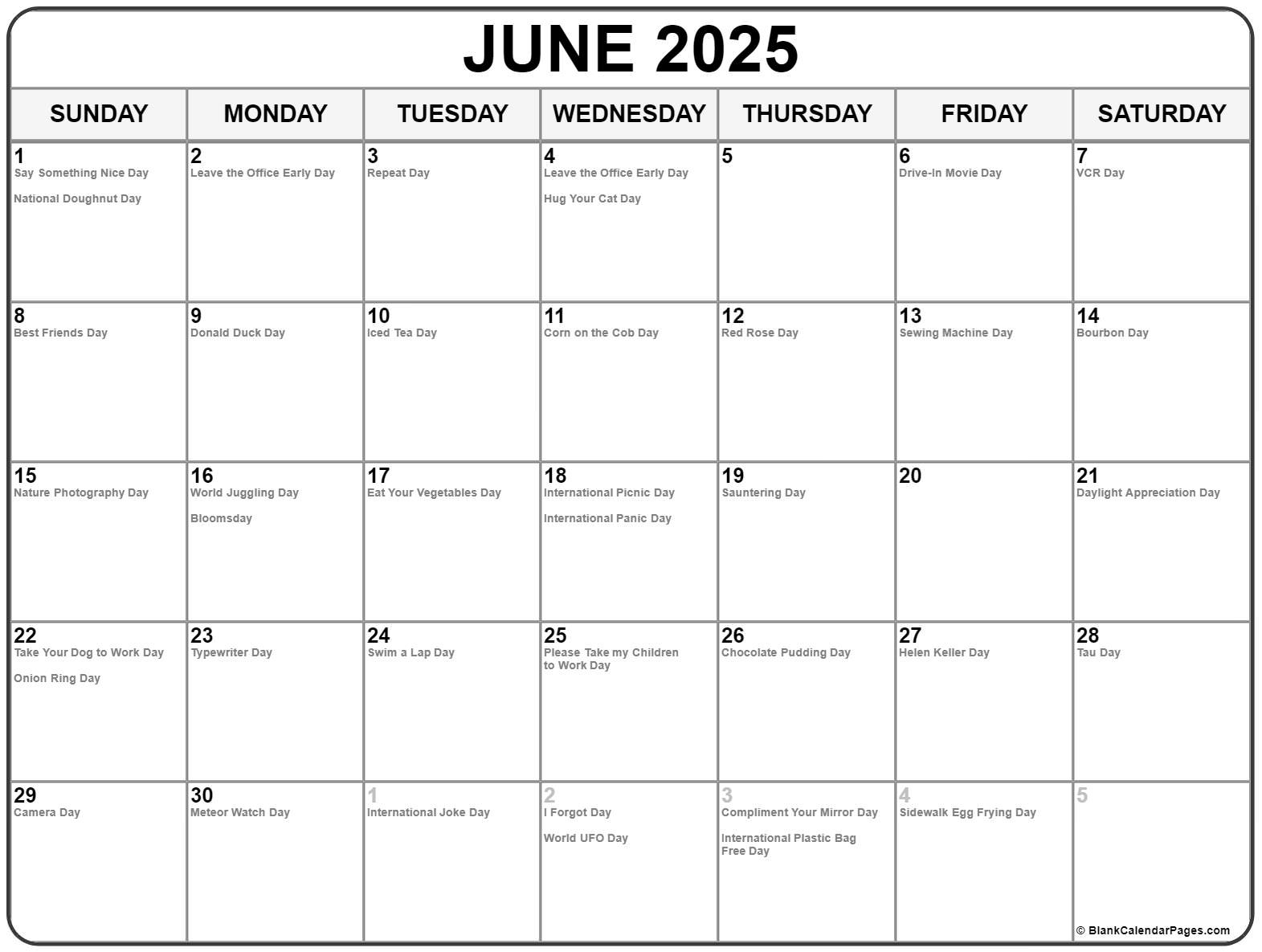 June 2025 With Holidays Calendar | National Calendar June 2025