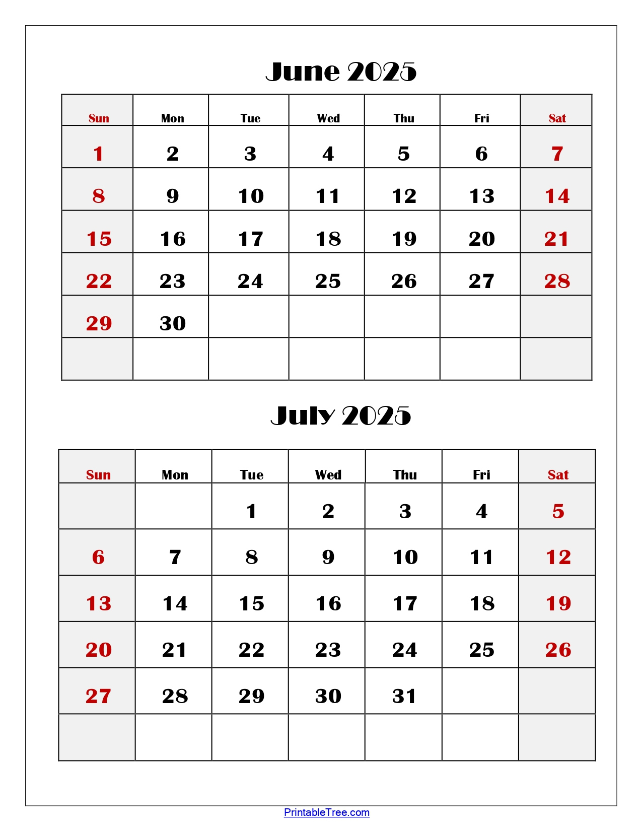 June And July 2025 Calendar Printable Pdf | Two Months Calendar | Calendar 2025