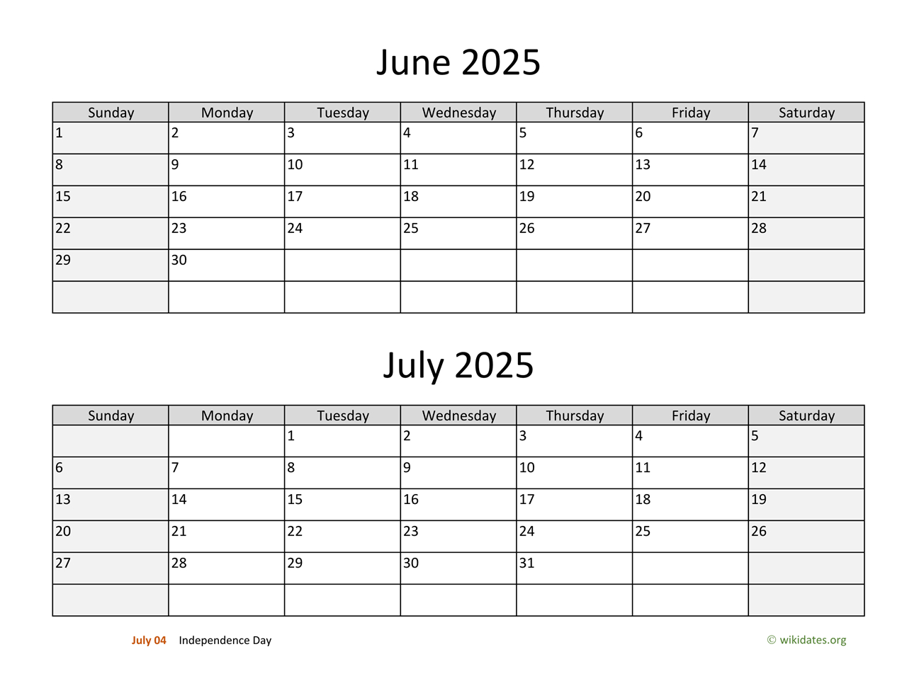 June And July 2025 Calendar | Wikidates | June And July 2025 Editable Calendar