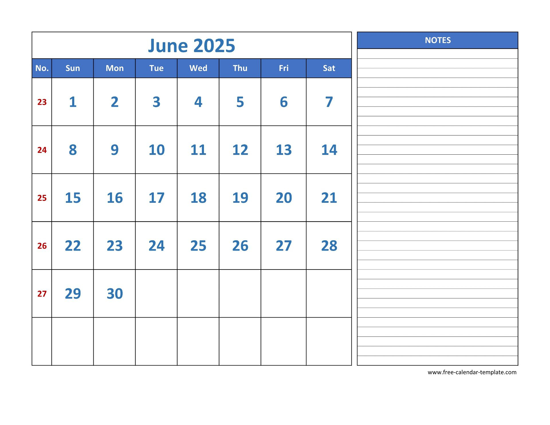 June Calendar 2025 Grid Lines For Holidays And Notes (Horizontal | Calendar 2025