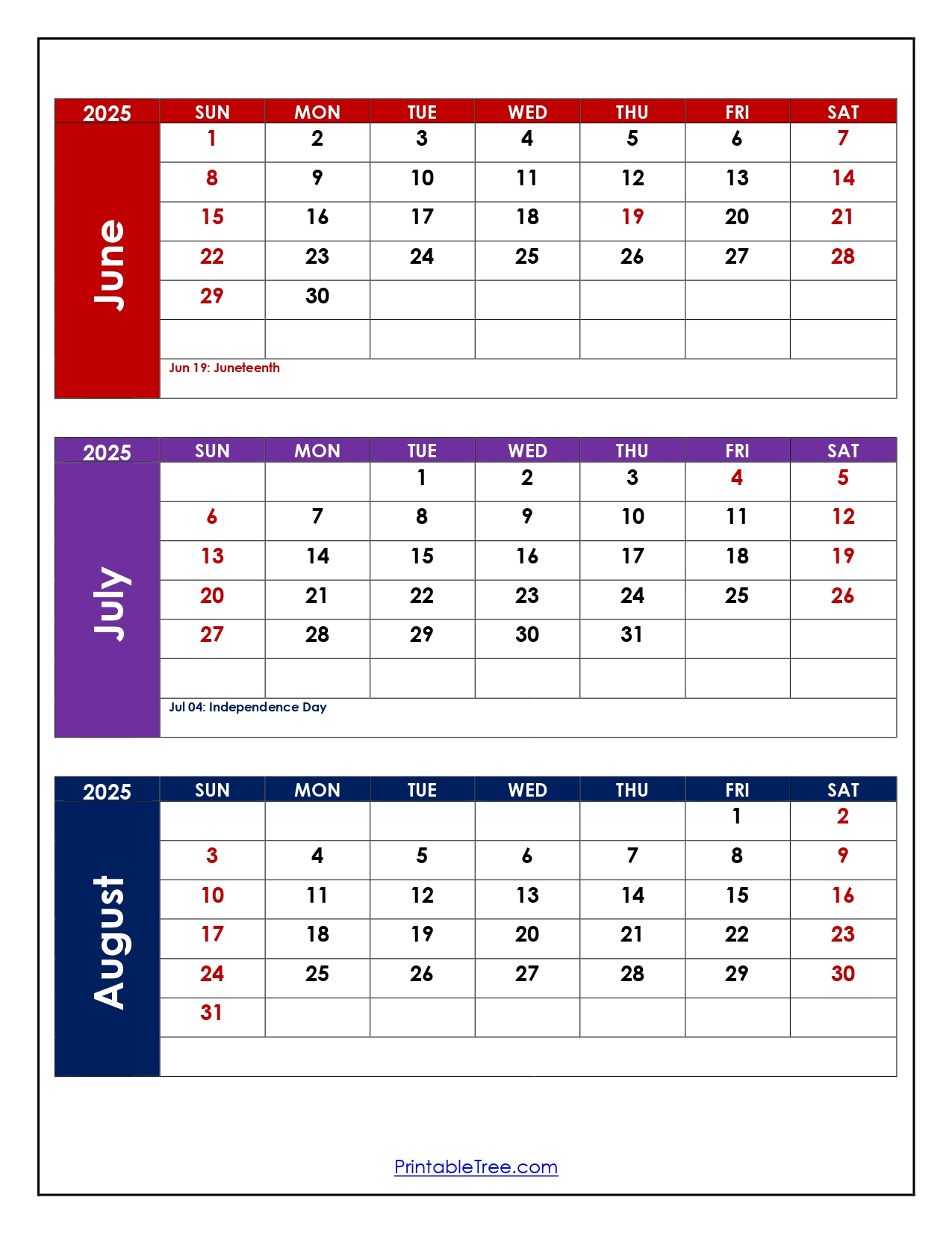 June To August 2025 Calendar Printable Pdf | Three Months Calendar | June Through August Calendar 2025