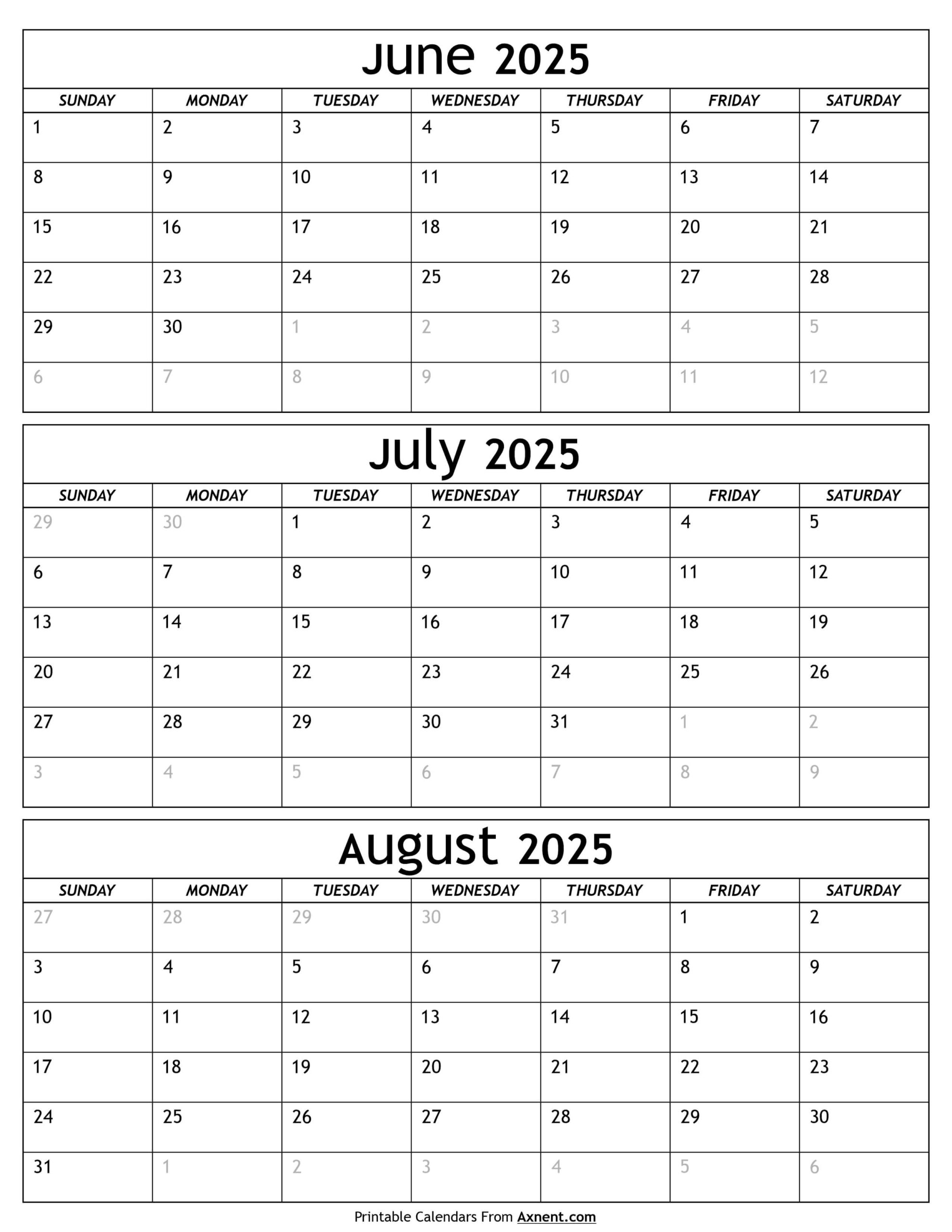 June To August Calendar 2025 Templates - Three Months | June Through August Calendar 2025