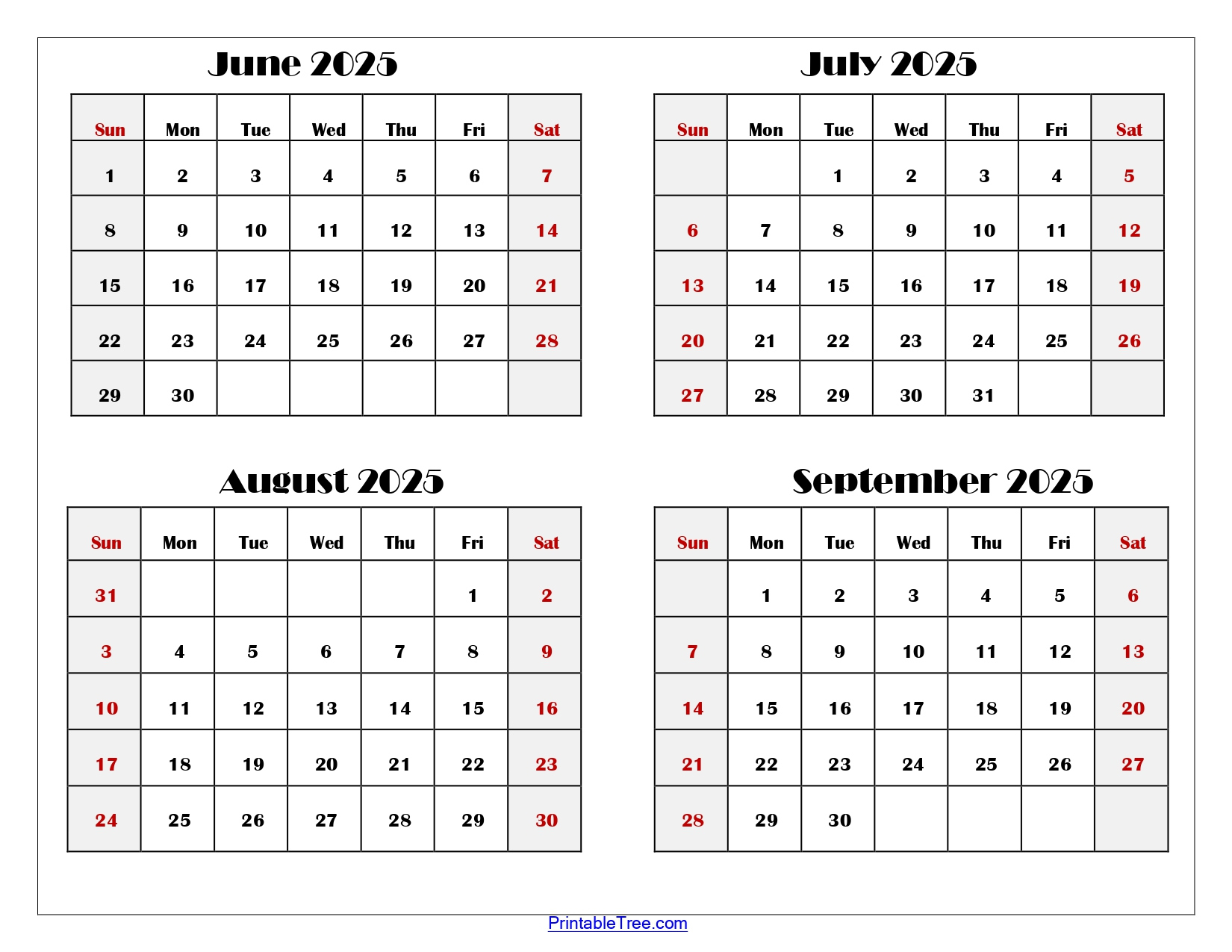 June To September 2025 Calendar Printable Pdf | Four Months Calendar | Calendar 2025