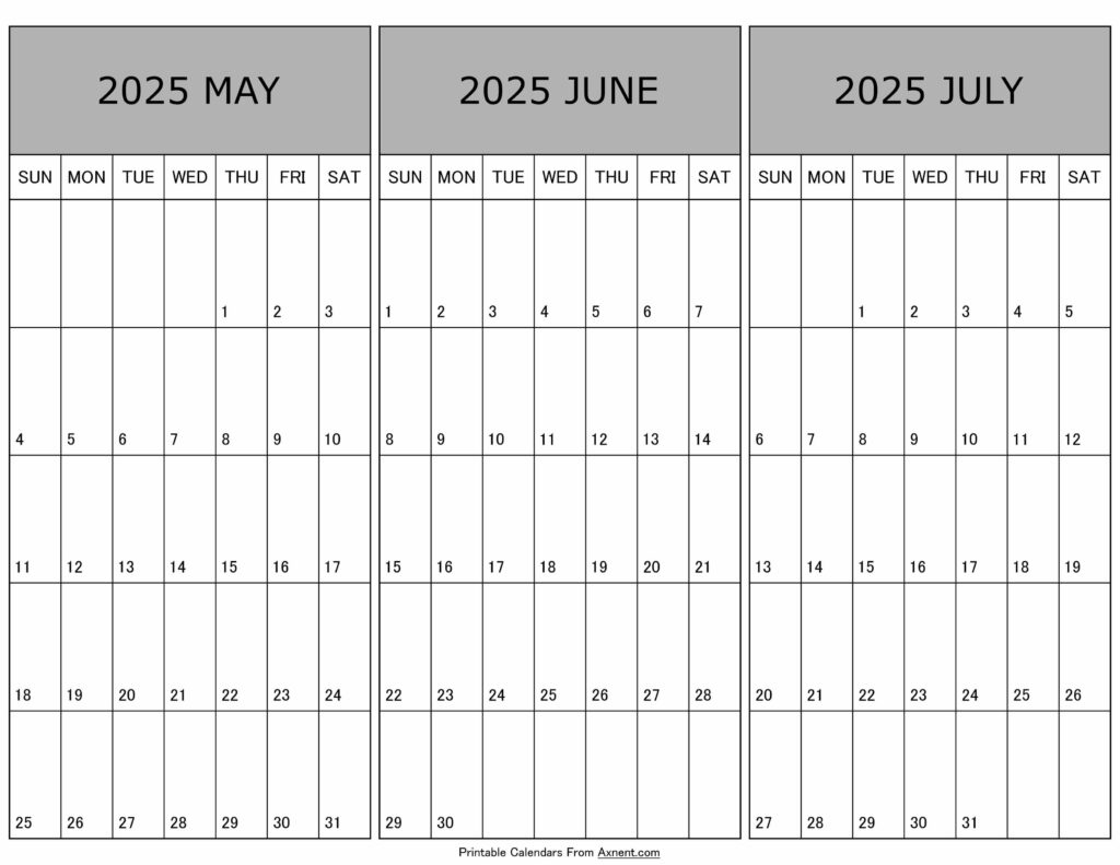May To July Calendar 2025 Templates - Three Months | 3 Month Calendar May June July 2025