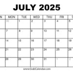 Printable July 2025 Calendar | Free Printable Calendar July 2024 June 2025