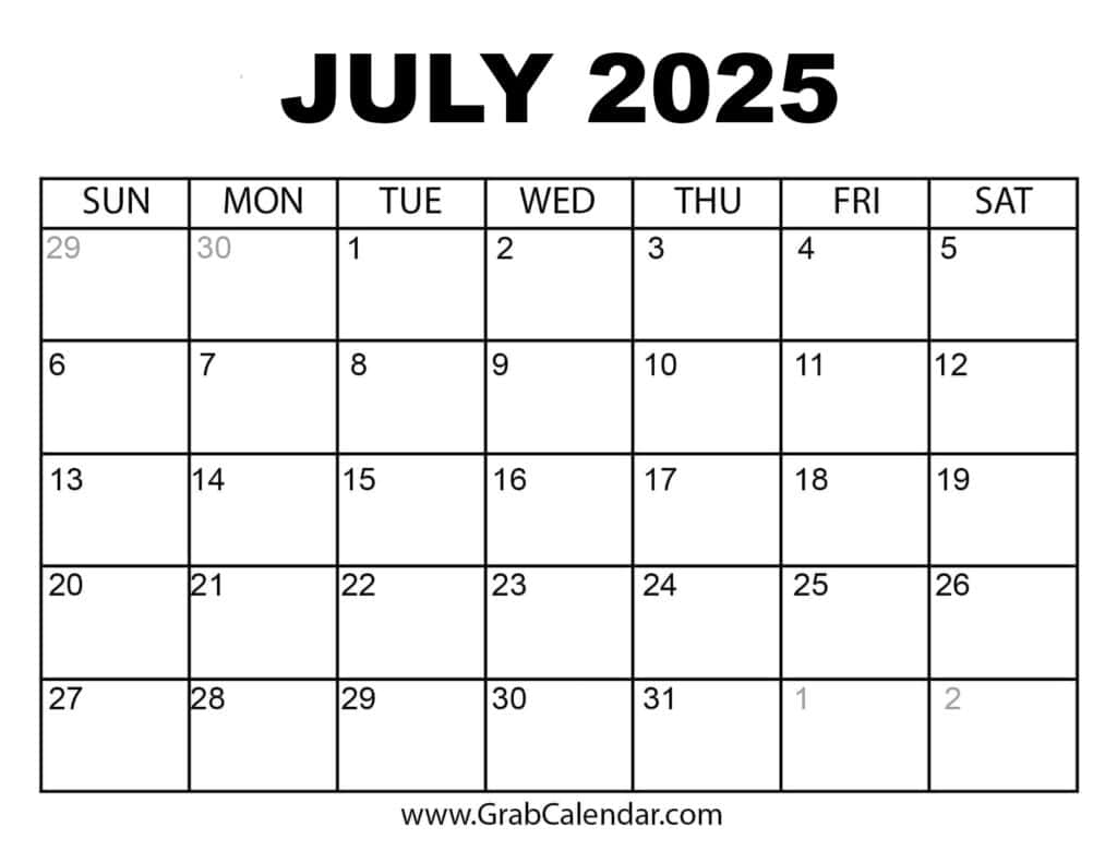 Printable July 2025 Calendar | Free Printable Calendar July 2024 June 2025