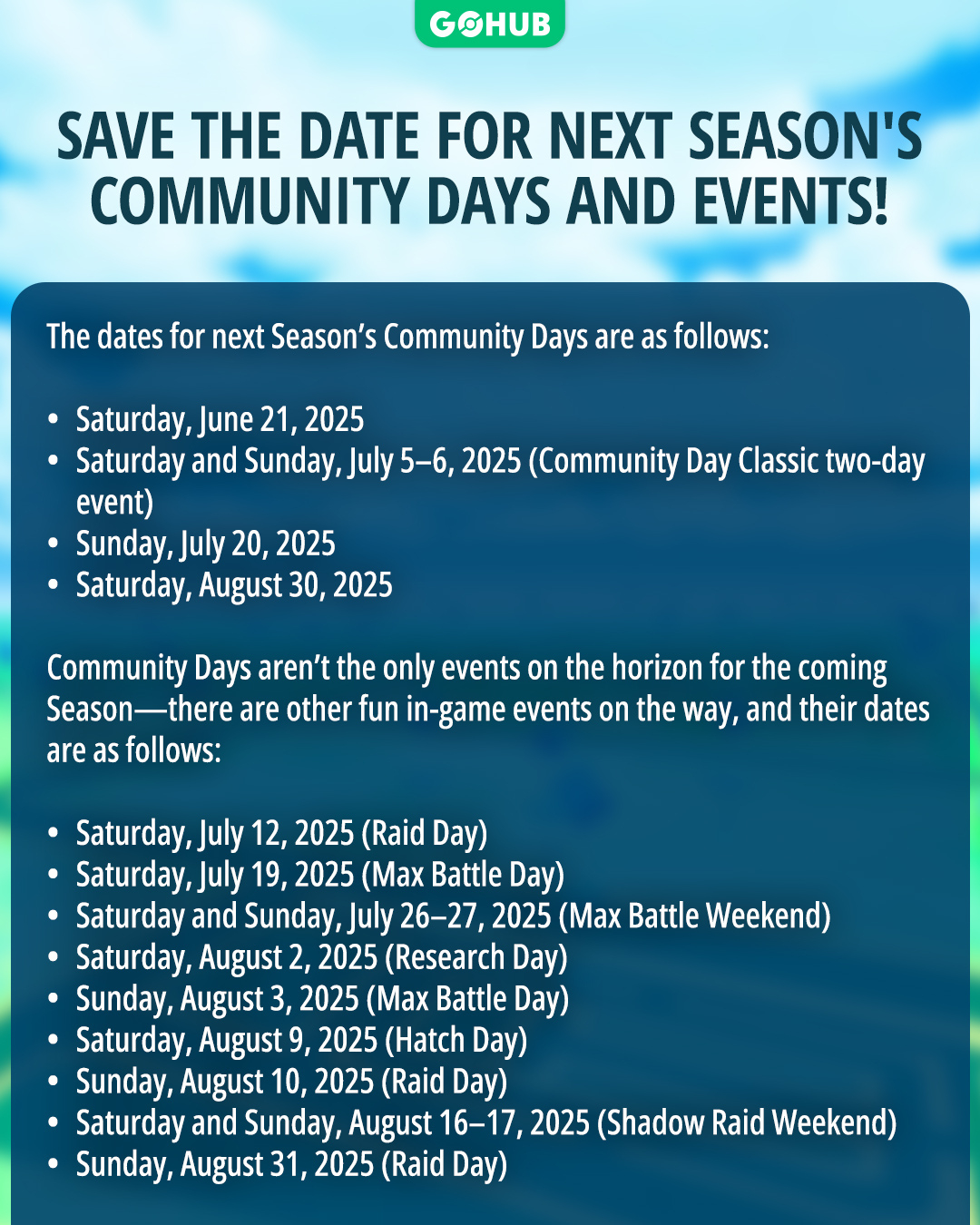 Save The Date For Next Season&amp;#039;S Community Days And Events | Pokemon Go June Calendar 2025