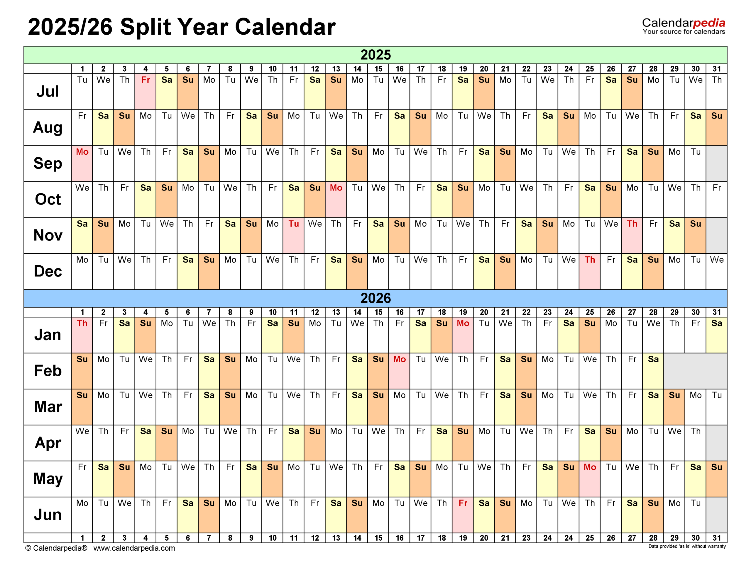 Split Year Calendars 2025/2026 (July To June) - Pdf Templates | Calendar 2025