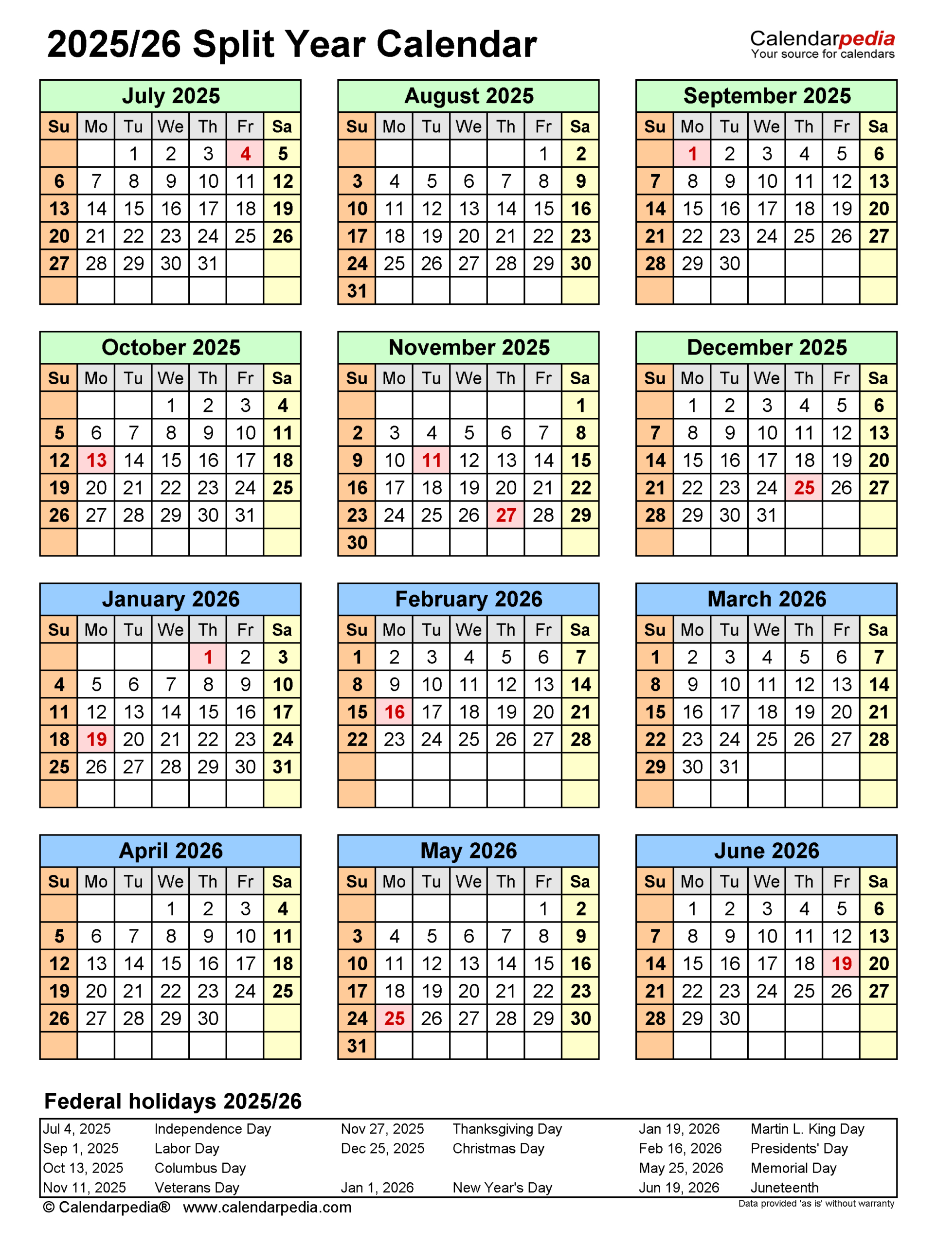 Split Year Calendars 2025/2026 (July To June) - Pdf Templates | June 2025 to June 2026 Calendar