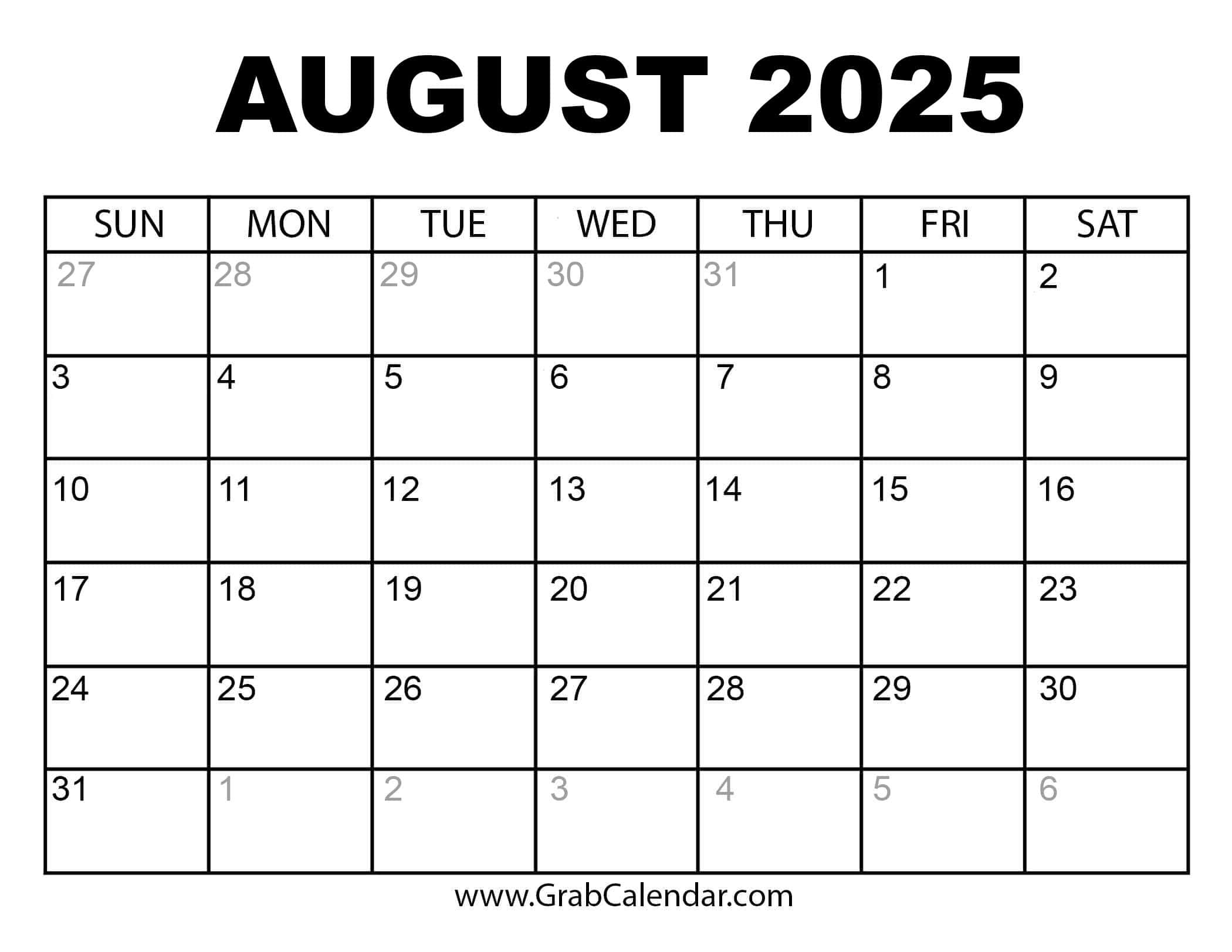 2025 Calendar - Grab Calendar | Printable Calendar August 2024 to July 2025