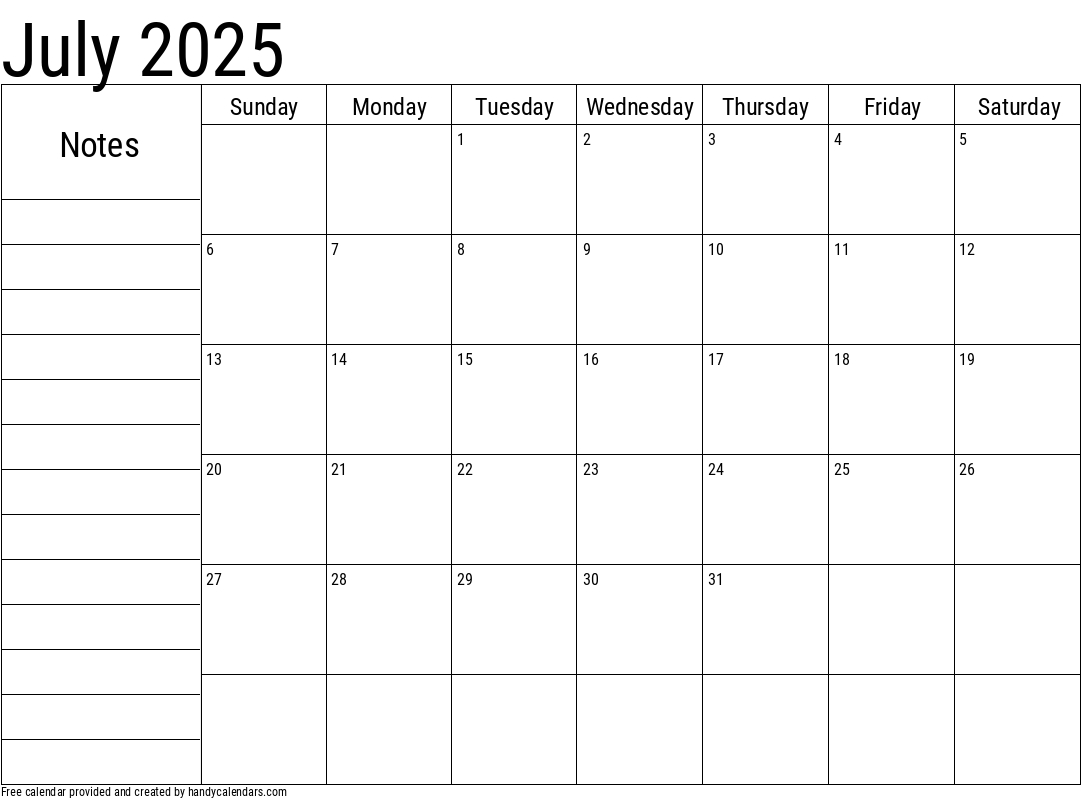 2025 July Calendars - Handy Calendars | July 2025 Calendar With Notes