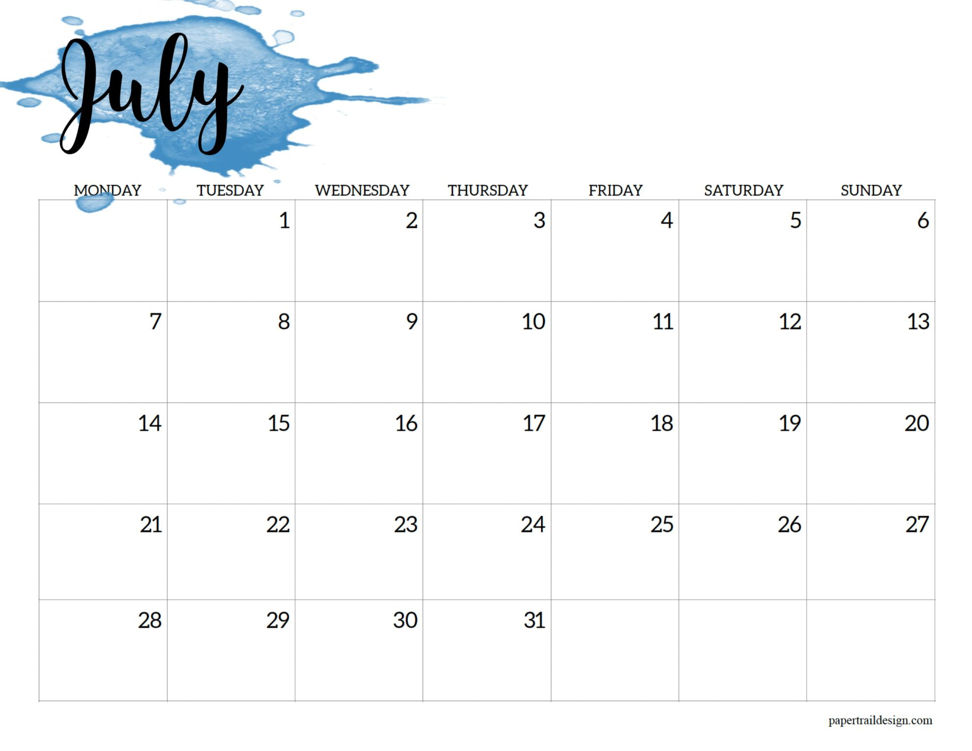 2025 Monday Start Calendar Printable - Watercolor - Paper Trail Design | Calendar 2025