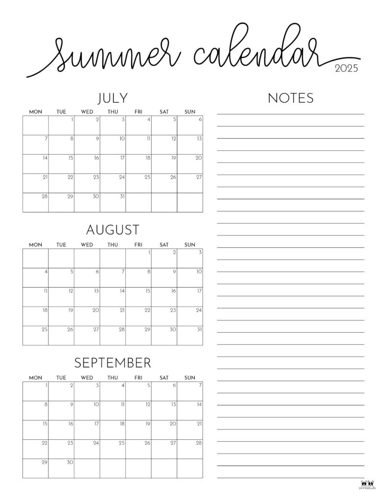 2025 Summer Calendars - 27 Free Printables | Printabulls | Free Printable July and August Calendar 2025