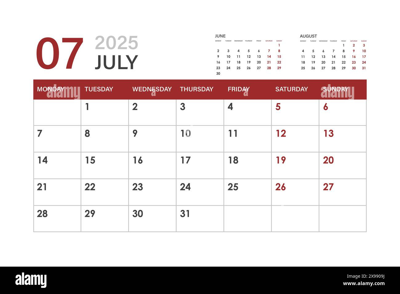 Calendar For July 2025. The Week Starts On Monday Stock Vector | July Calendar 2025 Monday To Sunday