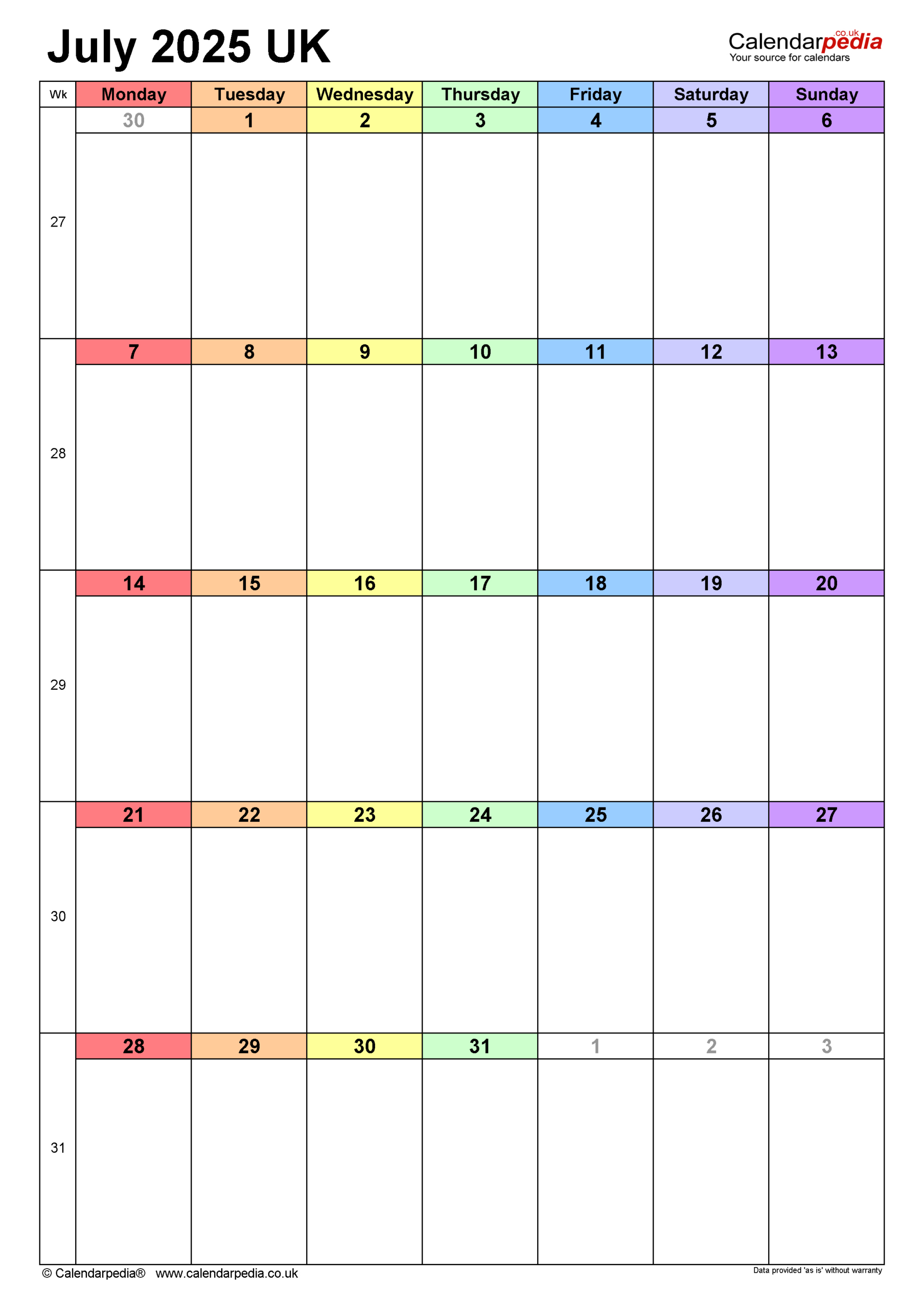 Calendar July 2025 Uk With Pdf, Excel And Word Templates | Calendar 2025