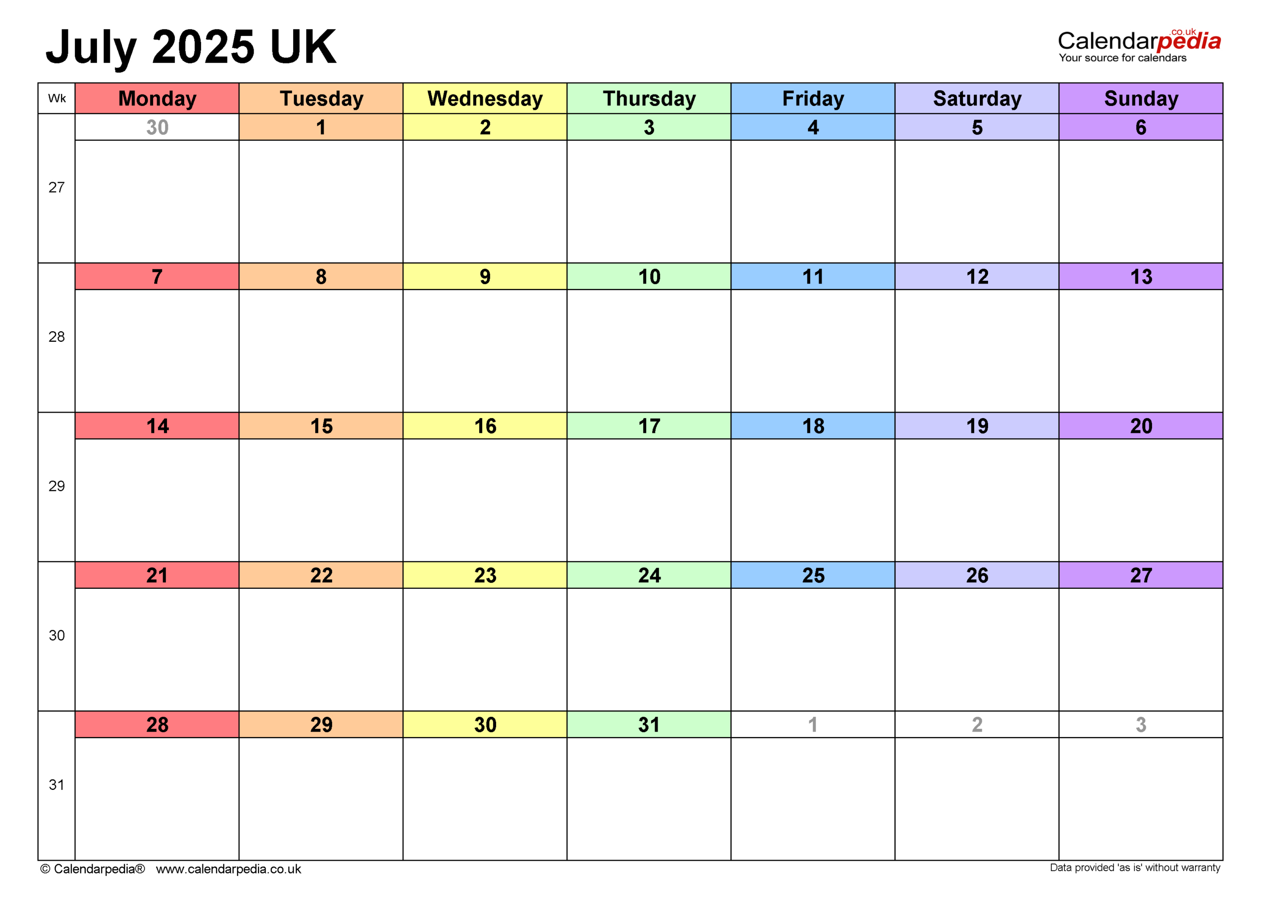 Calendar July 2025 Uk With Pdf, Excel And Word Templates | July 2025 Calendar Excel